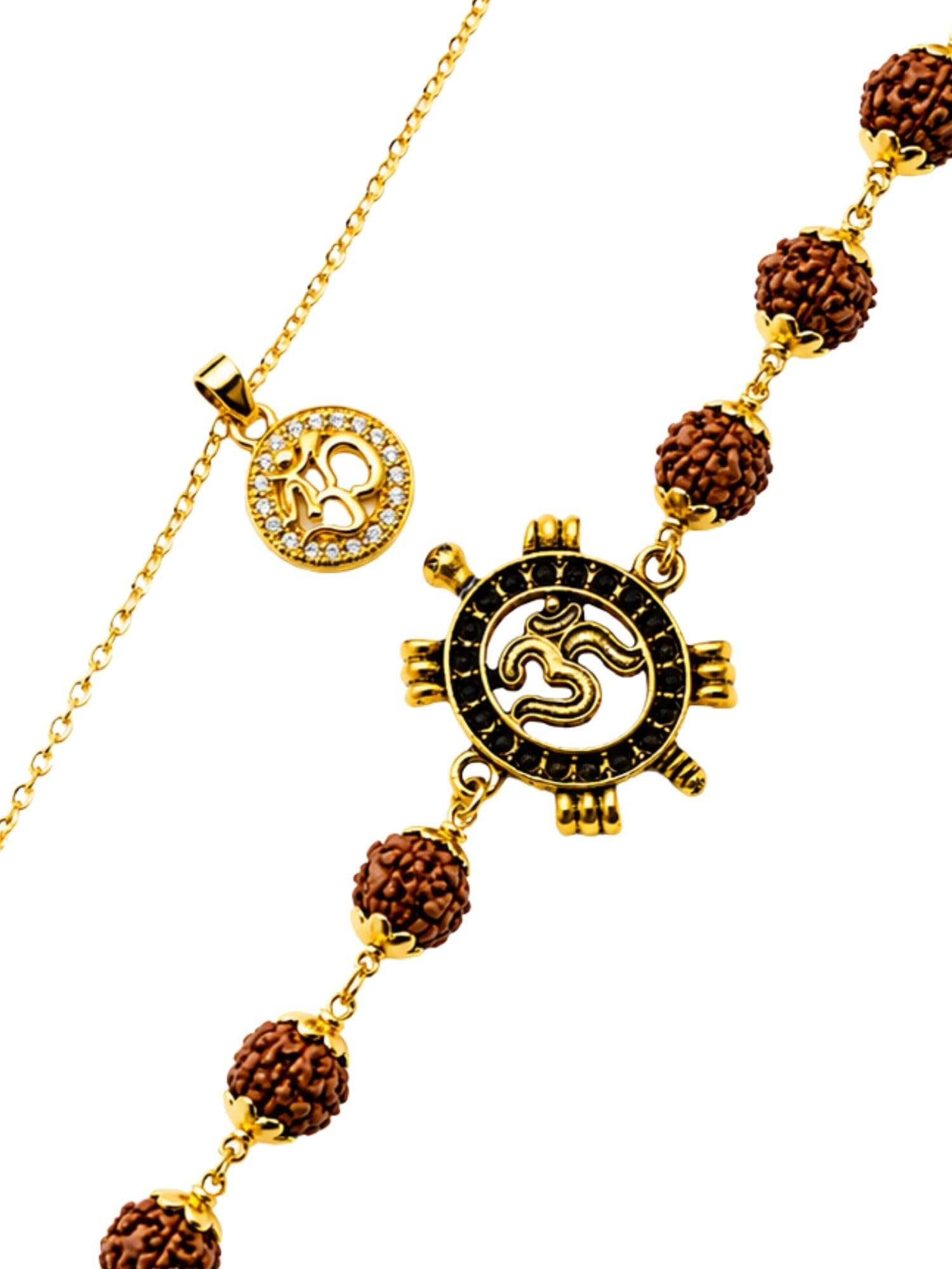 (Set of 2) Lumba Bracelet for Raksha Bandhan, Om Rudraksha Bracelet with CZ Om Charm, Traditional Bhaiya Bhabhi Set, Adjustable Gold Tone Spiritual Bracelet for Family-image-49