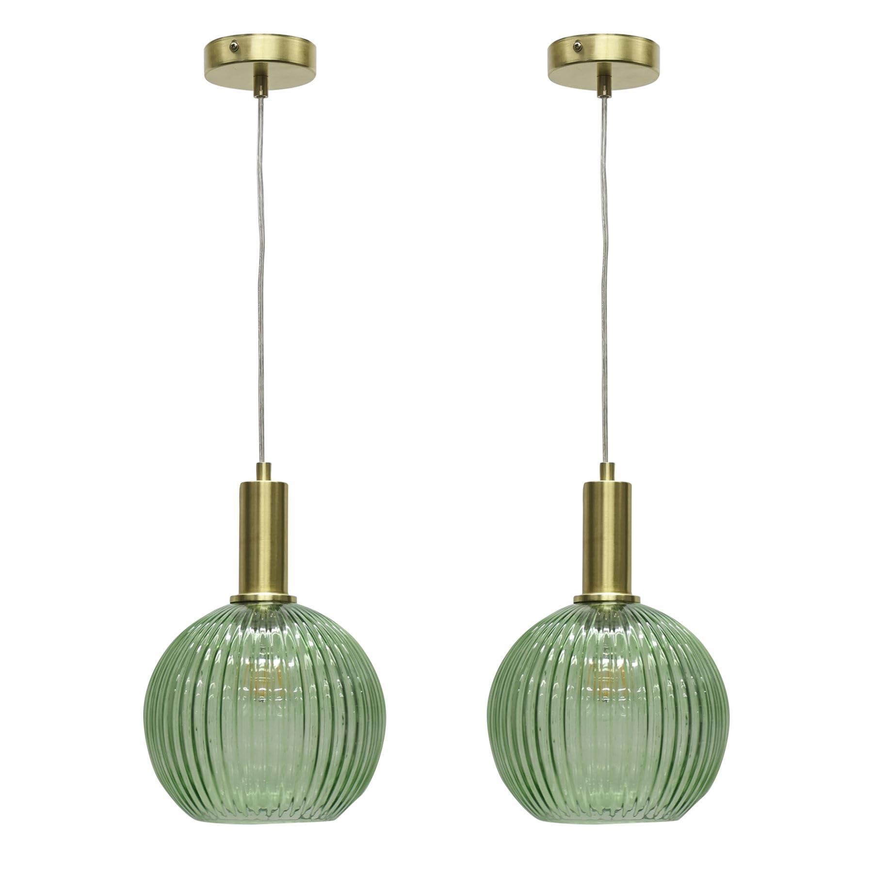 Firstchoicelighting Satin Brass & Green Set Of 2 Green Ribbed Glass Globe Ceiling Light Pendants With Modern Deco Style Satin Brass Cable Kit, Height Adjustable, Kitchen Island Dining Lighting