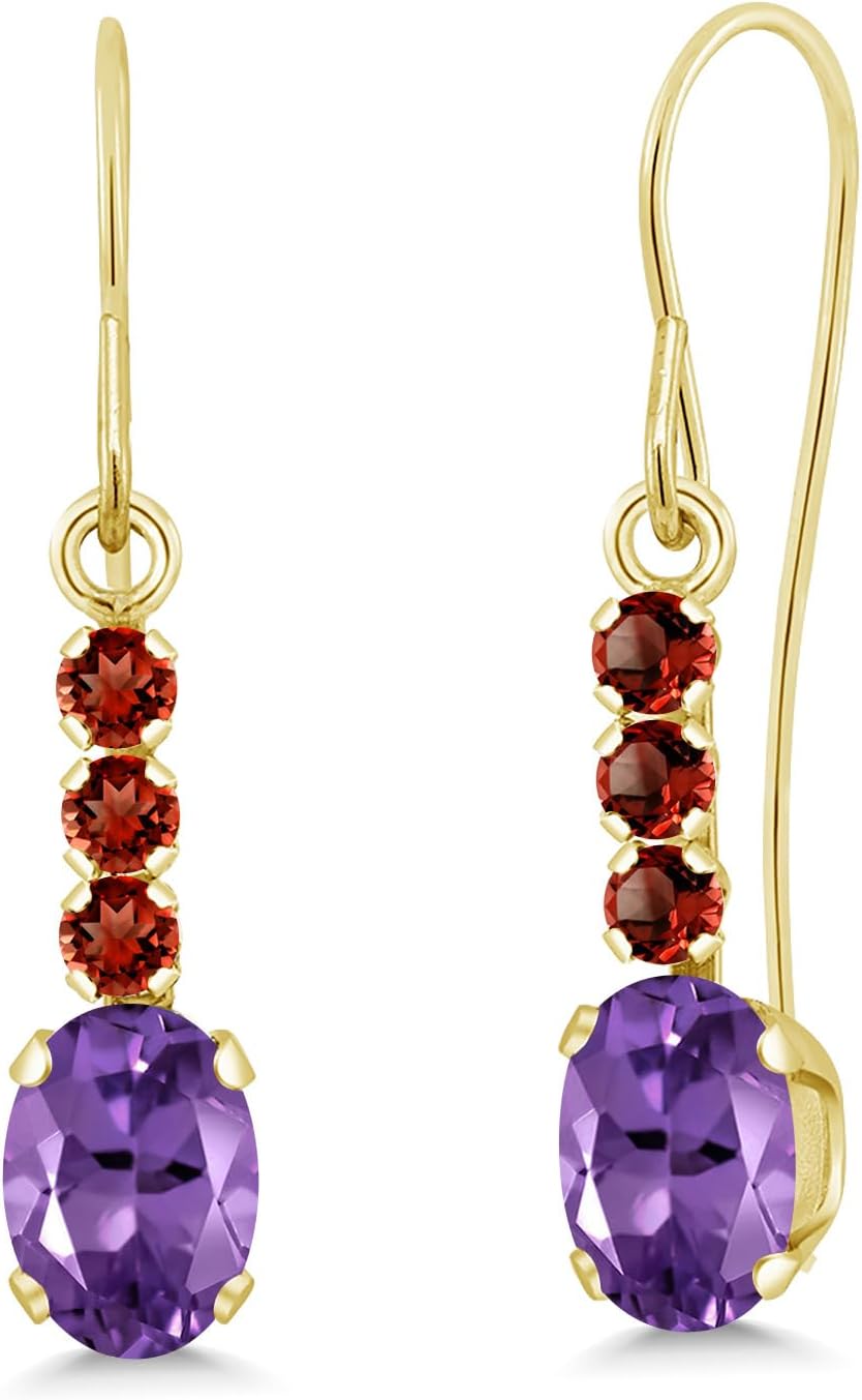 Gem Stone King 10K Yellow Gold Purple Amethyst and Red Garnet Drop Dangle Earrings For Women (1.14 Cttw, Gemstone February Birthstone, Oval 6X4MM)