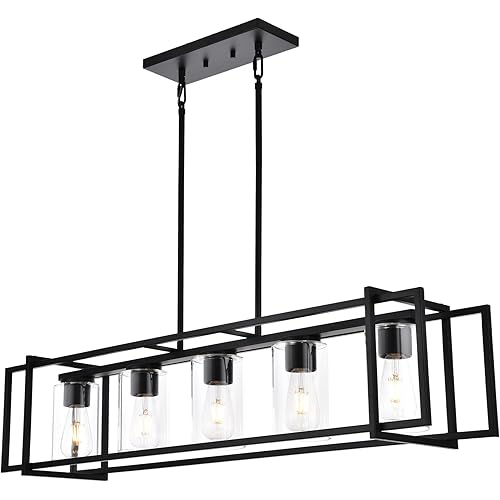 5-Light Island Lighting Chandeliers Farmhouse Black Kitchen Island Pendant Light Fixtures Dining Room Rectangular Chandelier with Clear Glass Shades