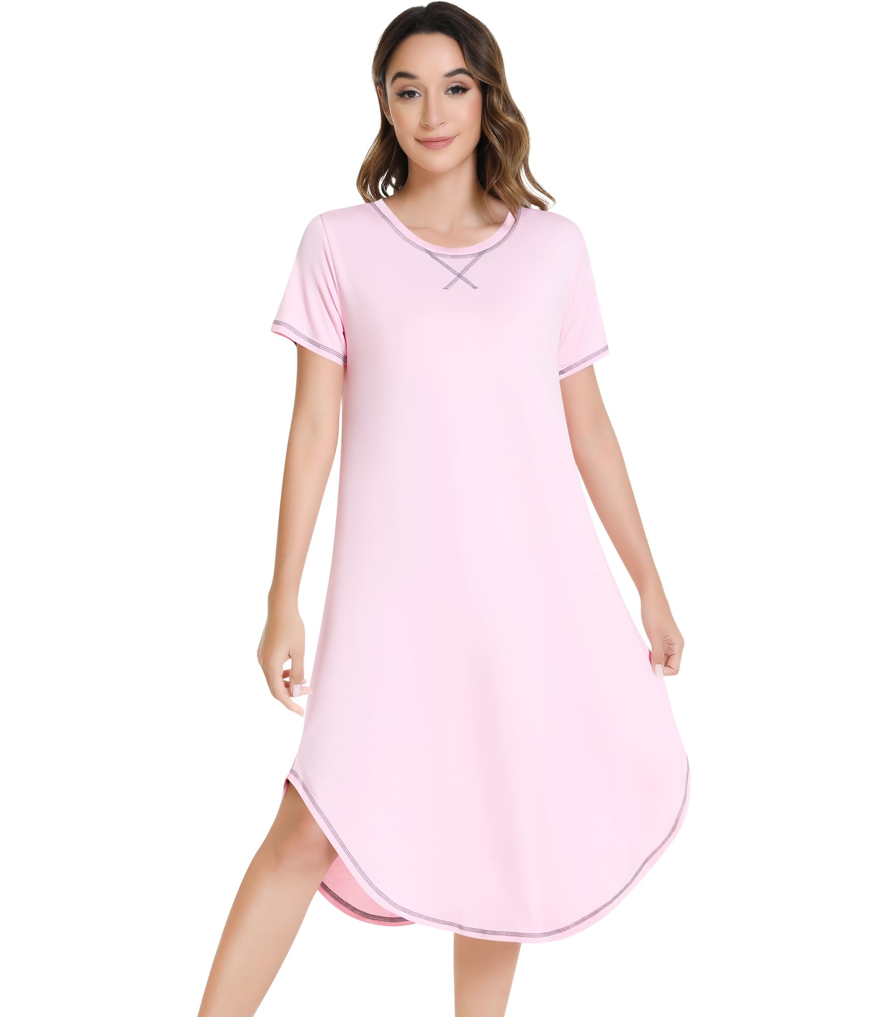 NACHILA Women's Bamboo Viscose Nightgown Short Sleeve Crew Neck Sleepwear | Curved Hemline Sleep Shirt, Stylish Contrast Color Trim, Lightweight Loungewear, Unrestricted Movement, Daily Relaxation