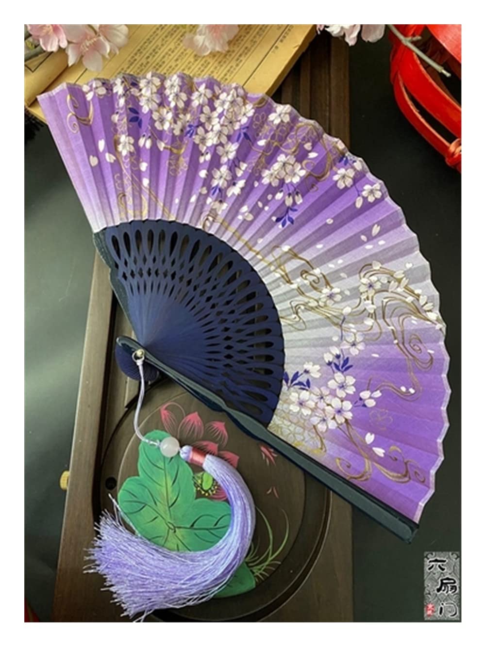 NZPOST Folding fan Chinese Style Ancient Style Bamboo Handle Folding Fan Juan Cloth Female Fan Cherry Blossom Portable Jump Dance Fan fan (Orange 21cm)