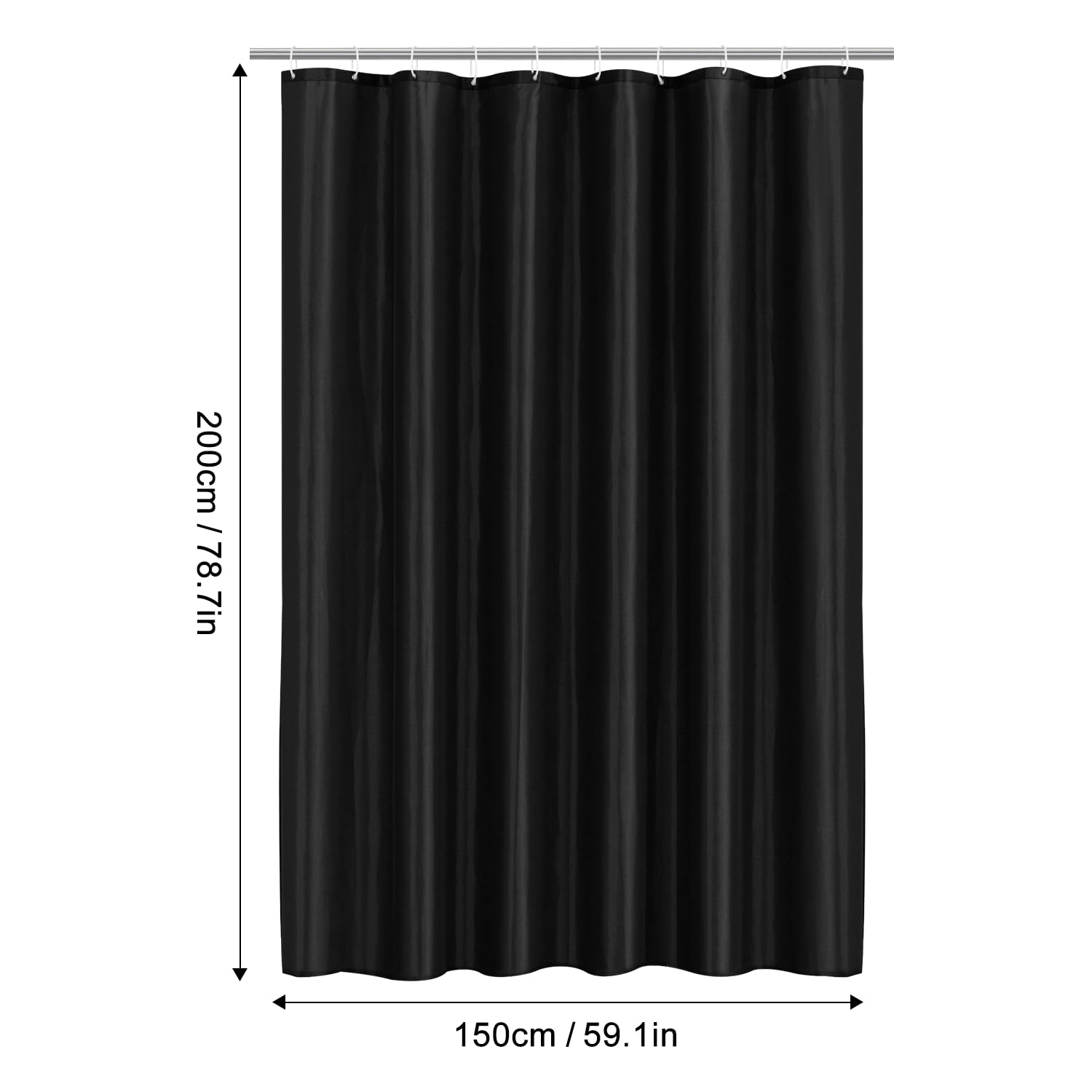 LUKDUNG 150 x 200 cm Polyester Textile Shower Curtain Anti-Mould for Bathroom Curtain for Bathtub Shower Made of Fabric Waterproof Washable Shower Curtain with 10 Hooks Black - Image 2