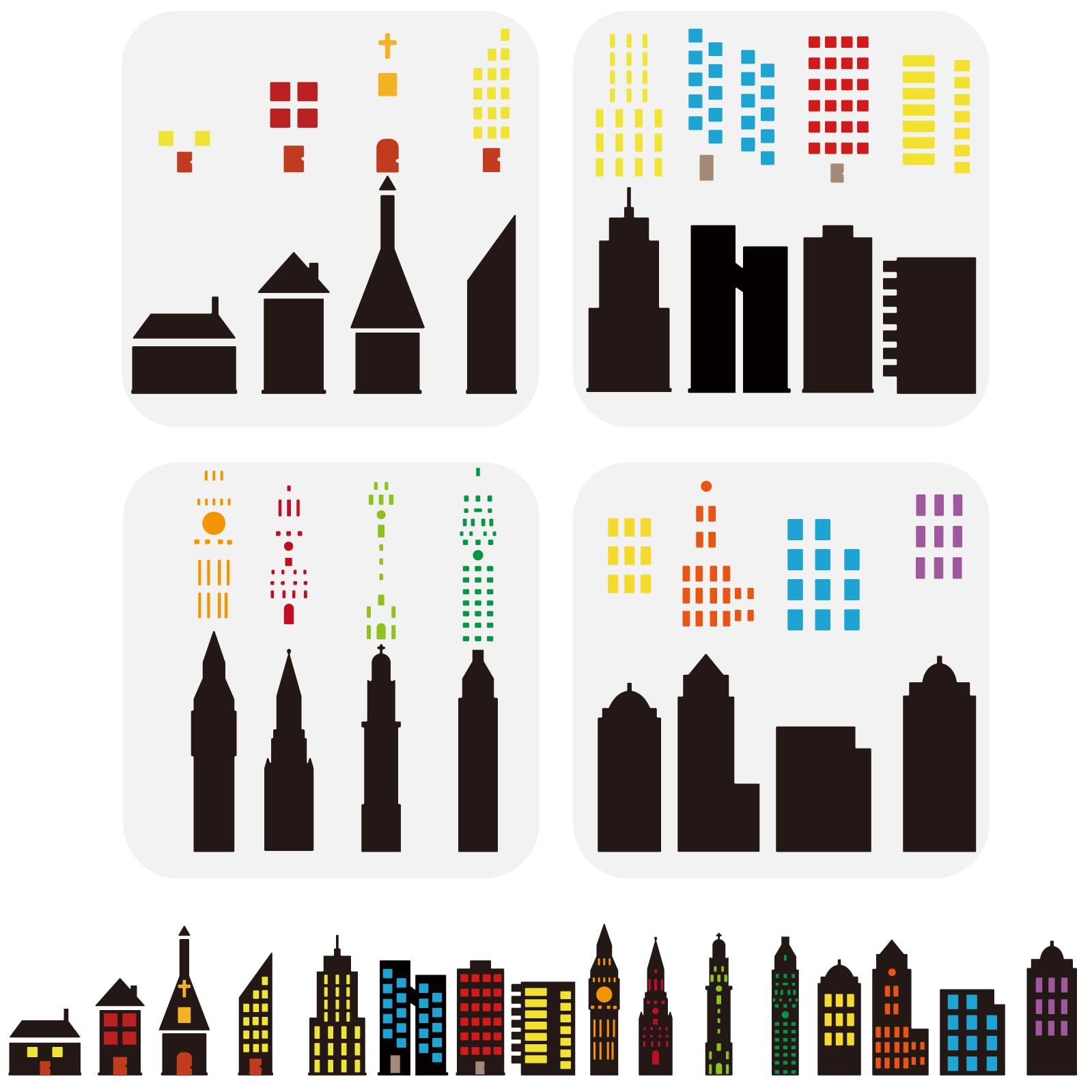 FINGERINSPIRE 4Pcs Layered City Skyline Painting Stencil Set 15x15cm PET City Building Silhouette Drawing Template Reusable Architecture and Local Theme Spraying Stencil Hollow Out House DIY Template โ image 1