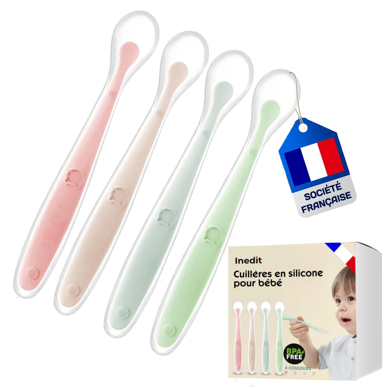 Cuillere Bebe 1er Age (4 Pièces) - Cuillère Bébé en Silicone - Cuillère Incurvée Souple Pour Les Repas de Bébé de Plus de 1 Mois - Qualité Garantie (4, Rose/Mauve/bleu/Vert)