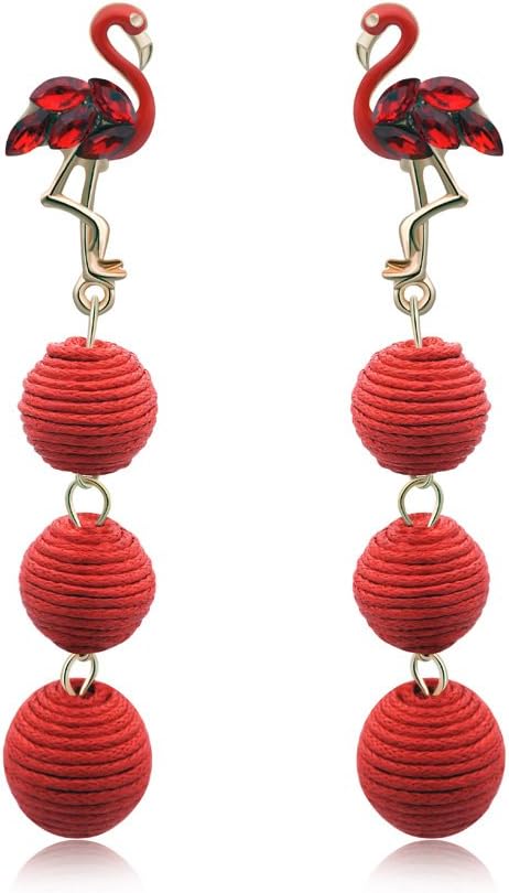 Long Thread Lantern Ball Drop Dangle Earrings with Enamel Flamingo Ear Studs For Women(Red)