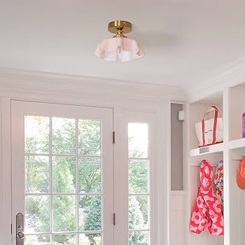 hmh ピンク Vintage Pink Flush Mount Ceiling Light Fixture - Brass Semi