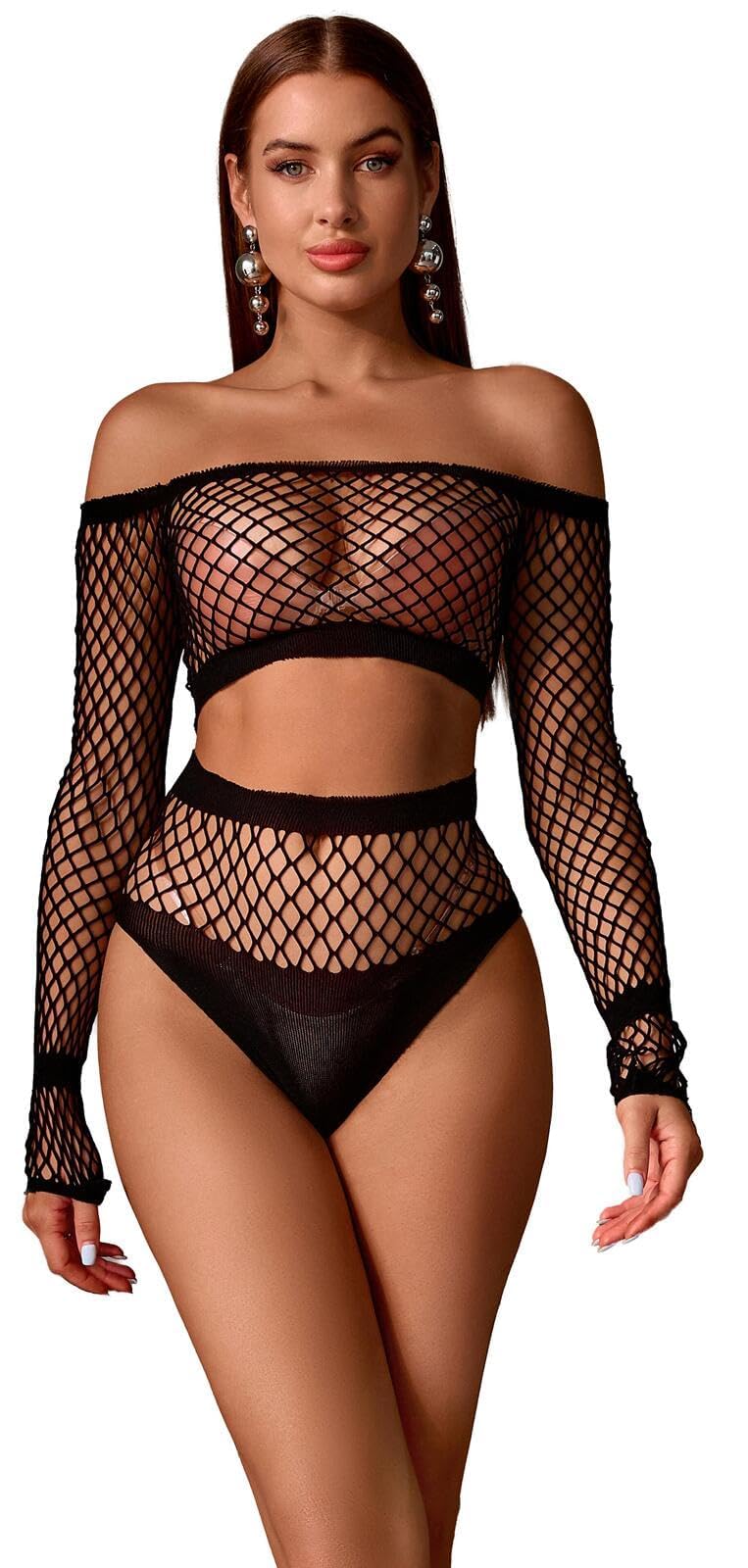 Women Deep V Hot Imported Lingerie Fishnet Lace Teddy Two Piece Babydoll Mini Skirt Bikini Sleepwear Swimwear Honeymoon Wedding Night Valentine Gift Skirt Panty Top Fishnet