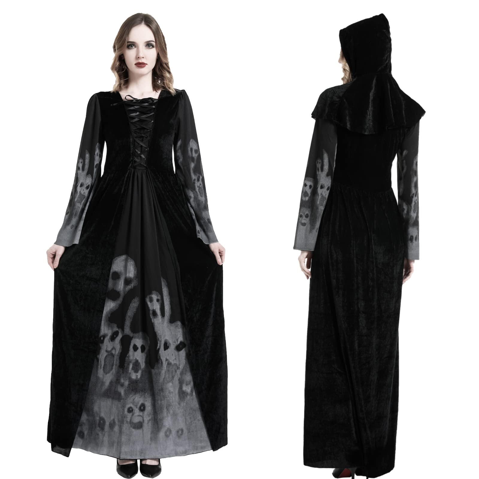 Bkpaweero Witch Costume Women's Halloween Costume Adult Witch Costume Women Black Ghost Bride Evening Dress Vampire Zombie Long Robe Costumes for Cosplay Women's Witch Costume (Black, M)