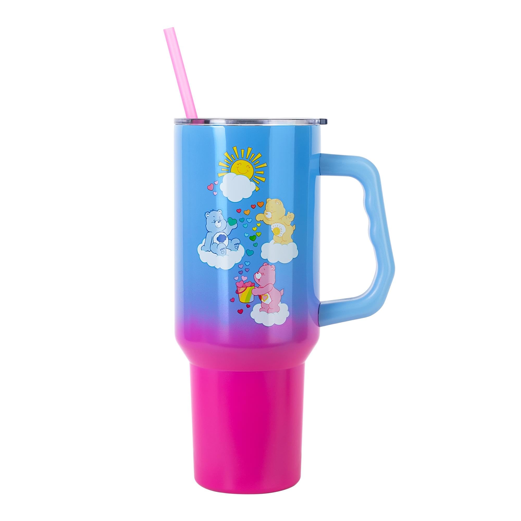 Silver Buffalo Care Bears Featuring Grumpy Bear, Funshine, and Love-A-Lot Bear Heart Showers Ombre Double Walled Stainless Steel Tumbler with Handle and Straw, Fits in Standard Cup Holder, 40 Ounces