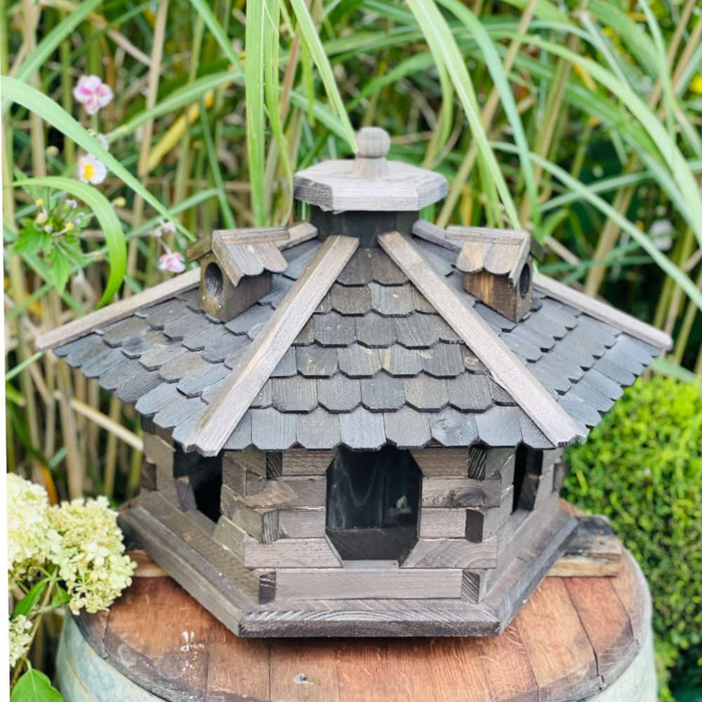 Comedero para pájaros, tamaño XL, diámetro de 600 mm, hexagonal, de madera, color marrón oscuro