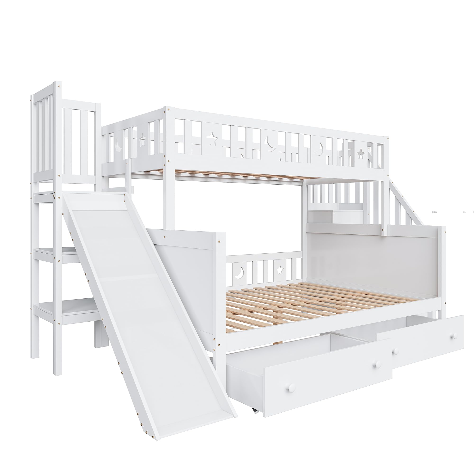 Mrwoo Kinderbett 140x200 cm, Etagenbett mit Rutsche, Stauraumbett mit 2 Schubladen und Offenem Stauraum, Rausfallschutz Geländer, MDF+Kiefernholzl+Sperrholz (Ohne Matratze) (Weiß - A - Schubladen)