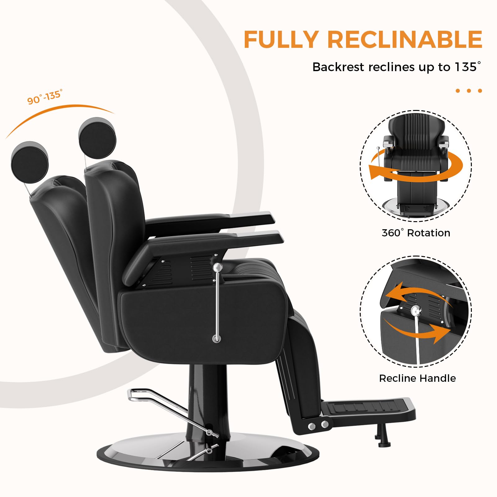 Sillón de Peluquería Silla de Peluquero Hidráulica Reclinable Barber 360° para Salón Professionale, 60 x 55 x 108-121 cm, Negro