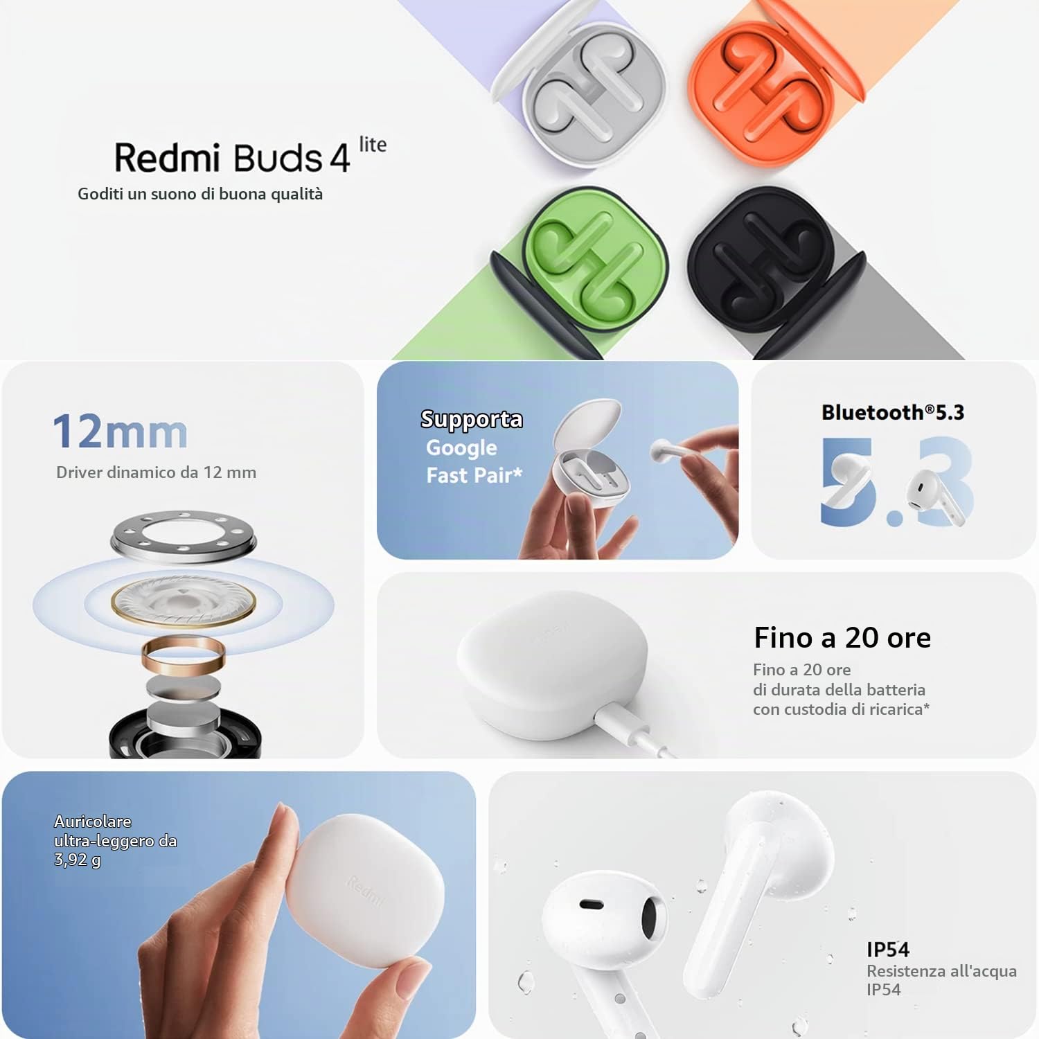 Xiaomi Redmi Buds 4 Lite Auricolare wireless Bluetooth 5.3, Batteria Fino a 20 Ore, Cuffie Bluetooth Controllo Tattile Riduzione del Rumore Resistente a Polvere e Acqua IP54, Bianco