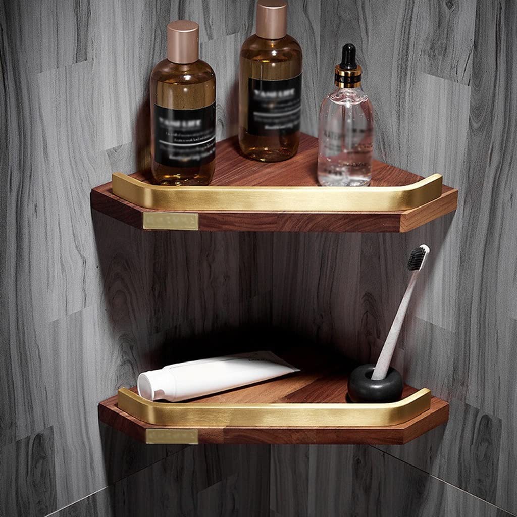 Corner Shower Caddy Aluminum Black Walnut Bathroom Shelf Shower Shampoo Soap Cosmetic Kitchen Corner Holder 1-2 Tier Bath