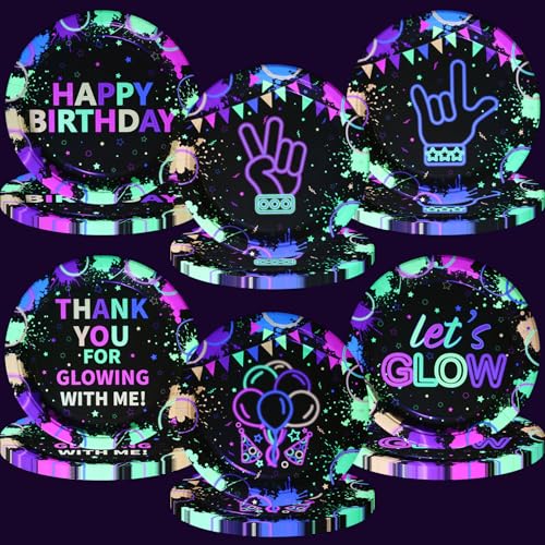 APUXXJUPA 60 Pcs Neon Plates, 9'' Neon Party Decorations Paper Plates for Glow in the Dark Party Supplies Let's Glow Decor
