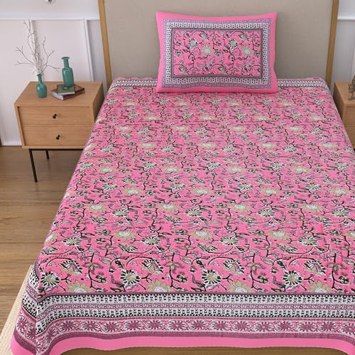 Image of 100% Cotton Single Bedsheet with 1 Pillow Cover | 240 TC Pure Cotton Flat Bed Sheet | Traditional Jaipuri Printed Bedding Set | Soft & Breathable | 60 x 90 Inch (Rangmahal Single 05)