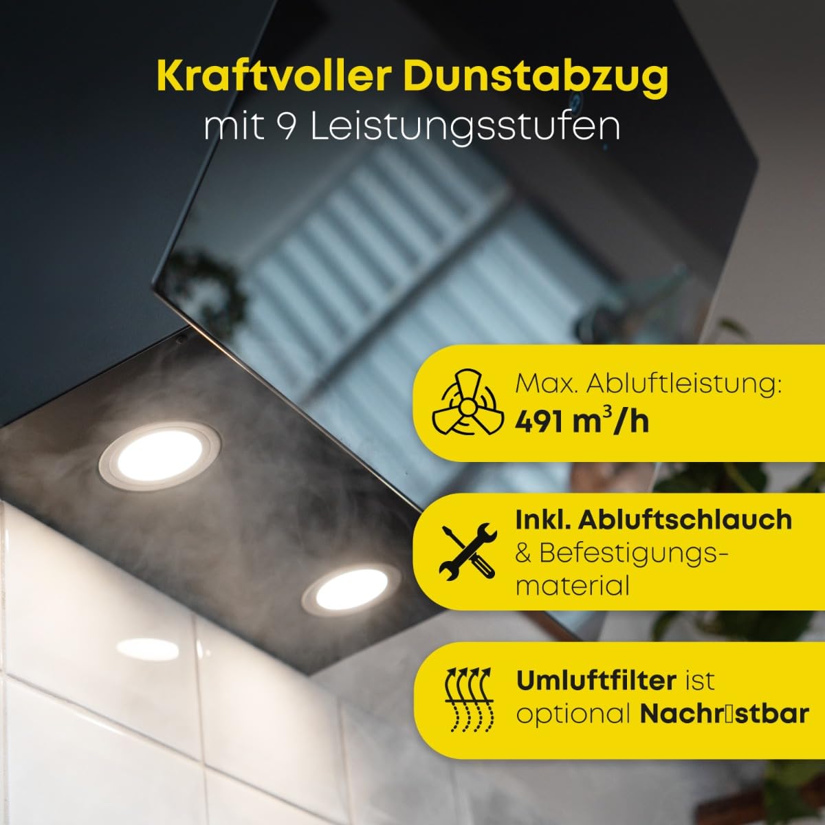 Bomann Dunstabzugshaube 60cm DU 7606.1 G Umluft Abluft bürstenloser DC-Motor leise 9 Stufen
