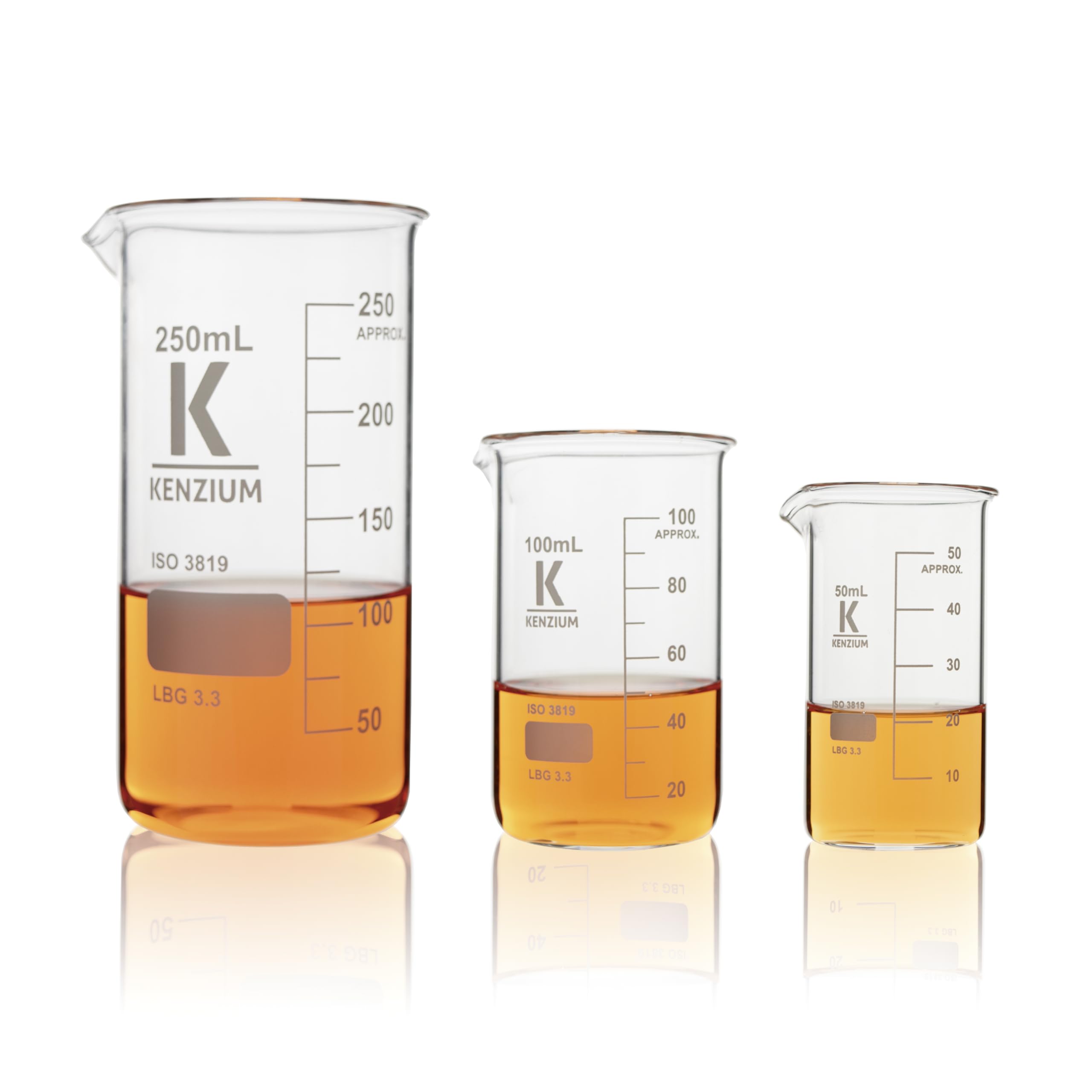 KENZIUM - Pack 3 x Becher | 50, 100 & 250 ml | Vetro Borosilicato 3.3 | Forma Alta | Graduato, Con Beccuccio | Alta Resistenza, Autoclavabile | Ideale Per Laboratorio e Didattica