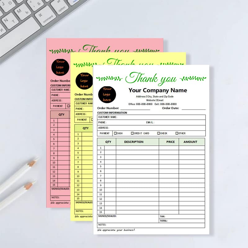 Custom Carbonless Sales Rechnungsformular Bücher für kleine Unternehmen, personalisiertes NCR 3-teiliges Quittungsbuch mit Carbon-Kopien, Cover hinzufügen Firmenname, Adresse und Nummer gedruckt