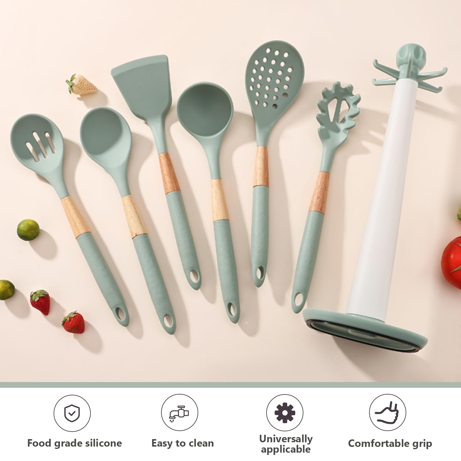 AVEKI Juego de utensilios de cocina de silicona, 7 piezas, con soporte giratorio, resistentes al calor, utensilios de cocina para utensilios de cocina (verde)