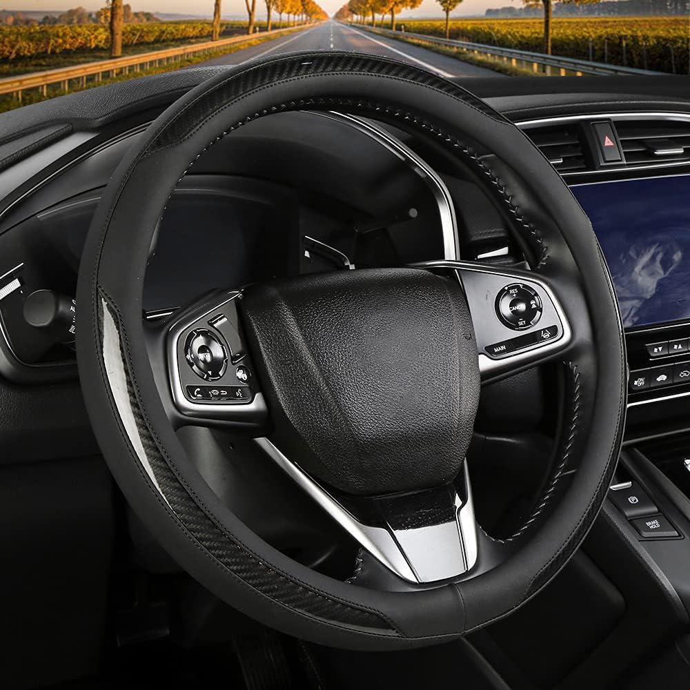 Black Carbon Fiber Steering Wheel Cover, Universal 14-15 inch Auto Car Leather Steering Wheel Cover for Men, Non-Slip Breathable, Better Grip car Interior Accessories Fit for Most Cars(Black)
