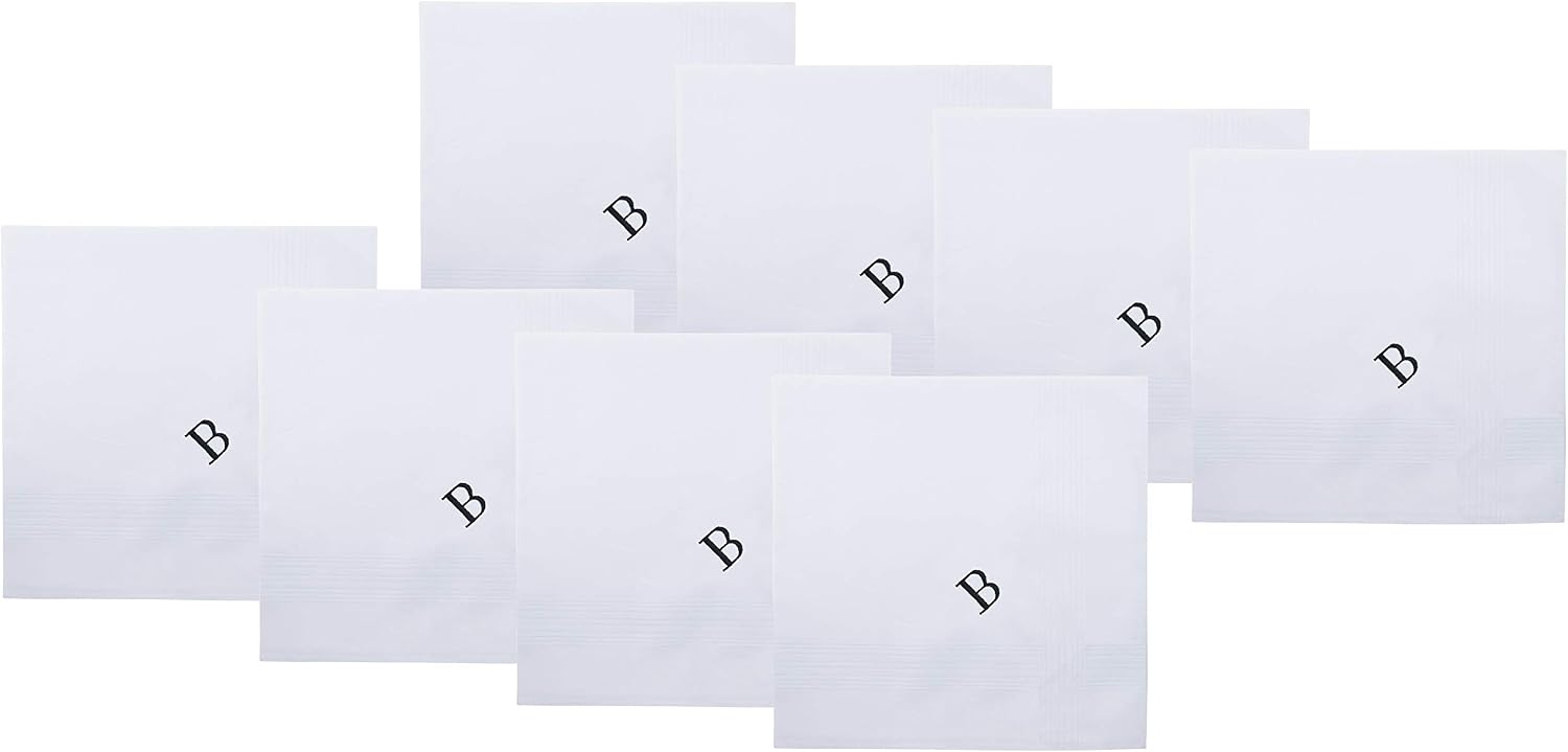 Retreez 8 Pc Pure Cotton Initial Monogrammed Men's Handkerchiefs Hanky Gift Set