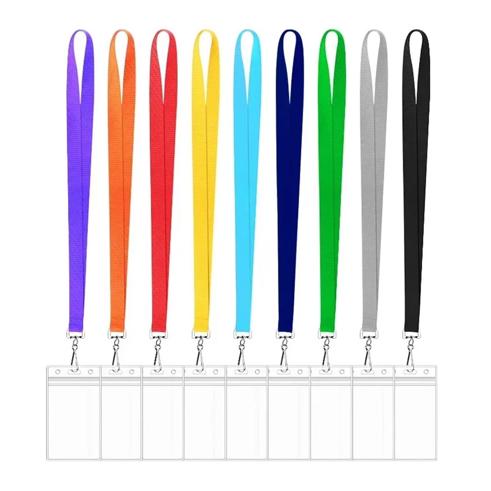 Lot de 12 cordons tour de cou avec porte-cartes - Couleur unie - Porte-carte transparent