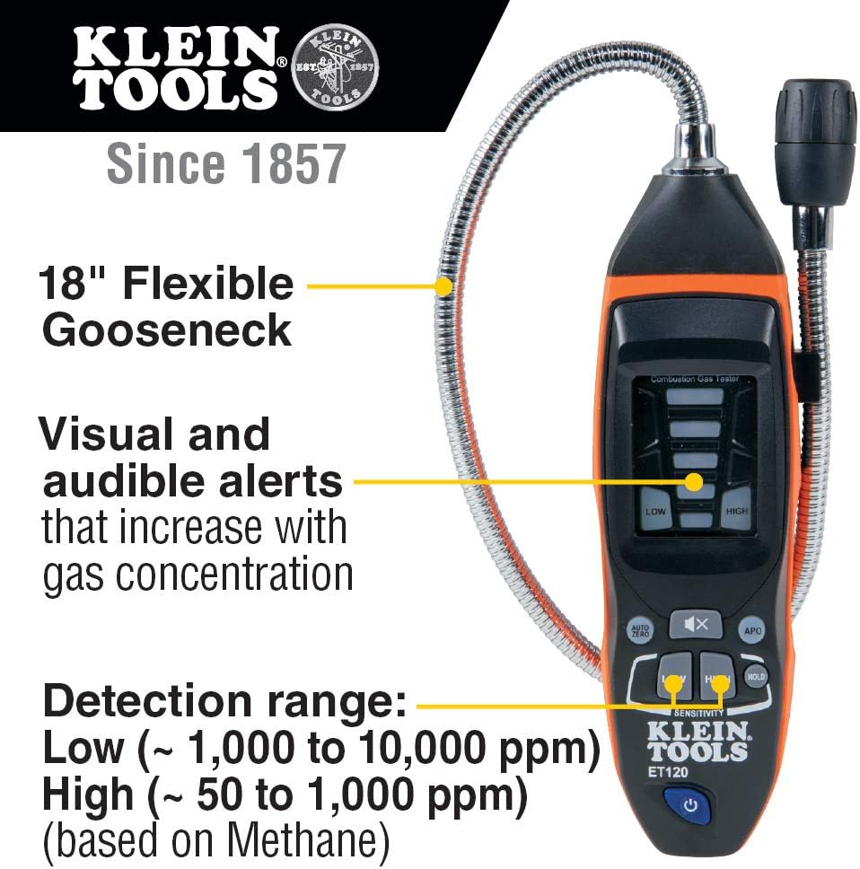 Exclusive Special Klein Tools ET120 Gas Leak Detector, Combustible Gas Leak Tester with 18-Inch Gooseneck Has Range 50 - 10,000 ppm, Includes Pouch, Batteries