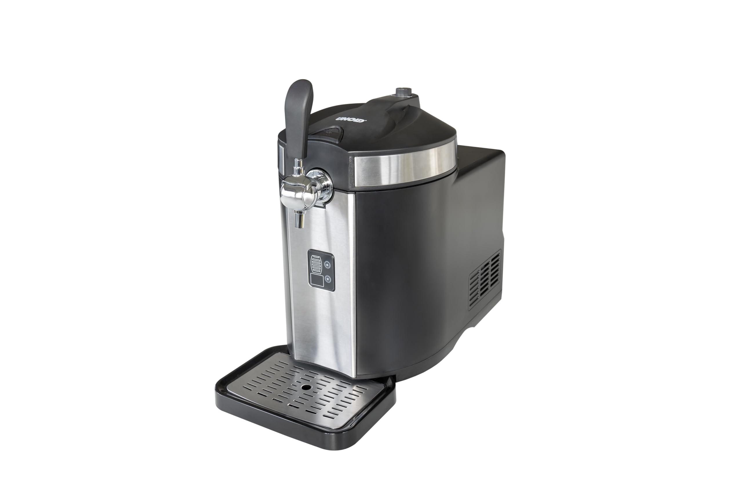 UNOLD Bierzapfanlage FRANZL 48975 – Profi-Kompressorkühlung (2–12 °C), LED-Füllstandsanzeige & CO2-Drucksystem inkl. 3 Kartuschen – Für alle 5-Liter-Bierfässer – Edelstahl/Schwarz