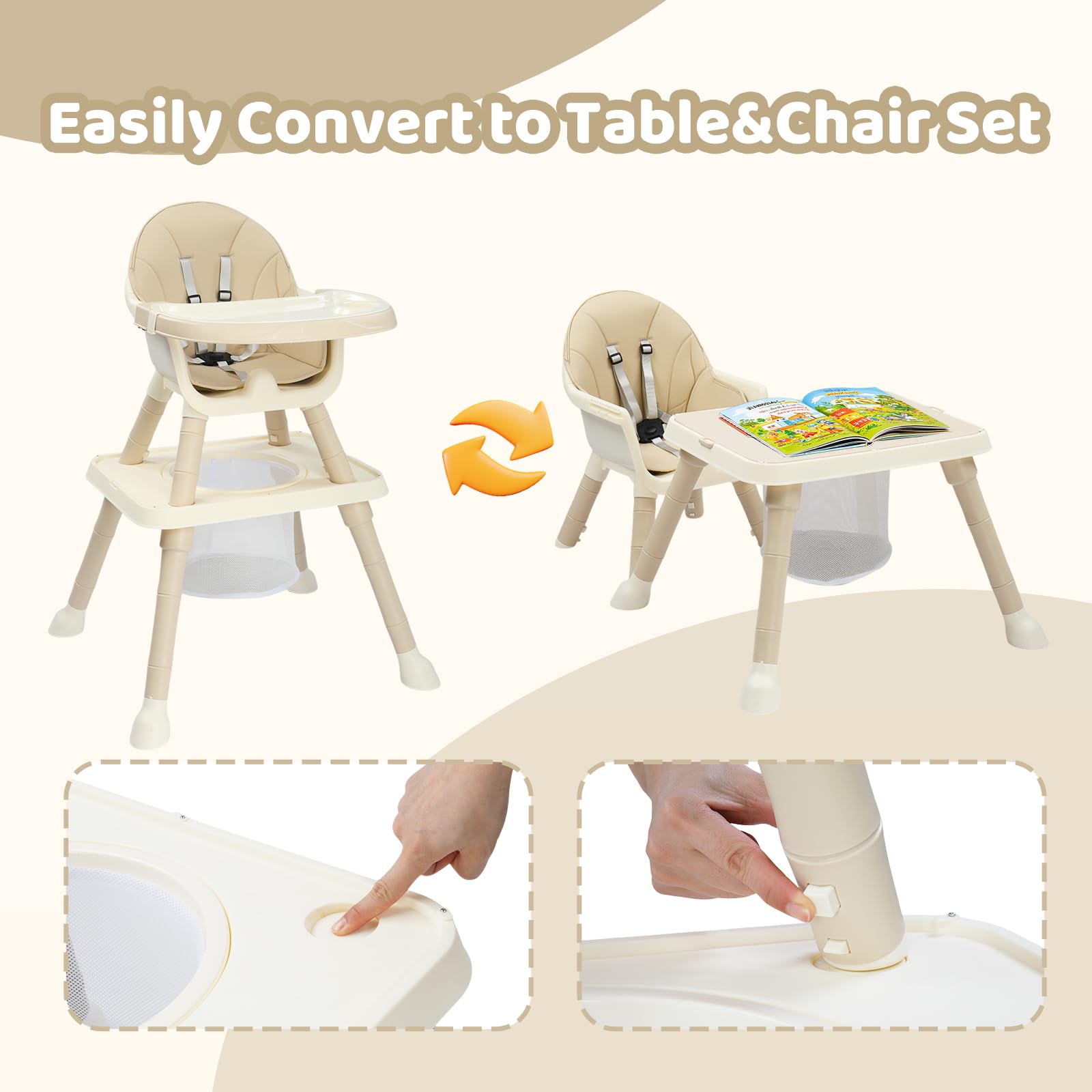 BONNLO Chaise Haute Bébé Évolutive, Confort Rembourré, avec Plateau Double, 6 mois à 3 ans, 6 à 15 kg, pliage ultra compact, légère(4,9kg) (Beige)