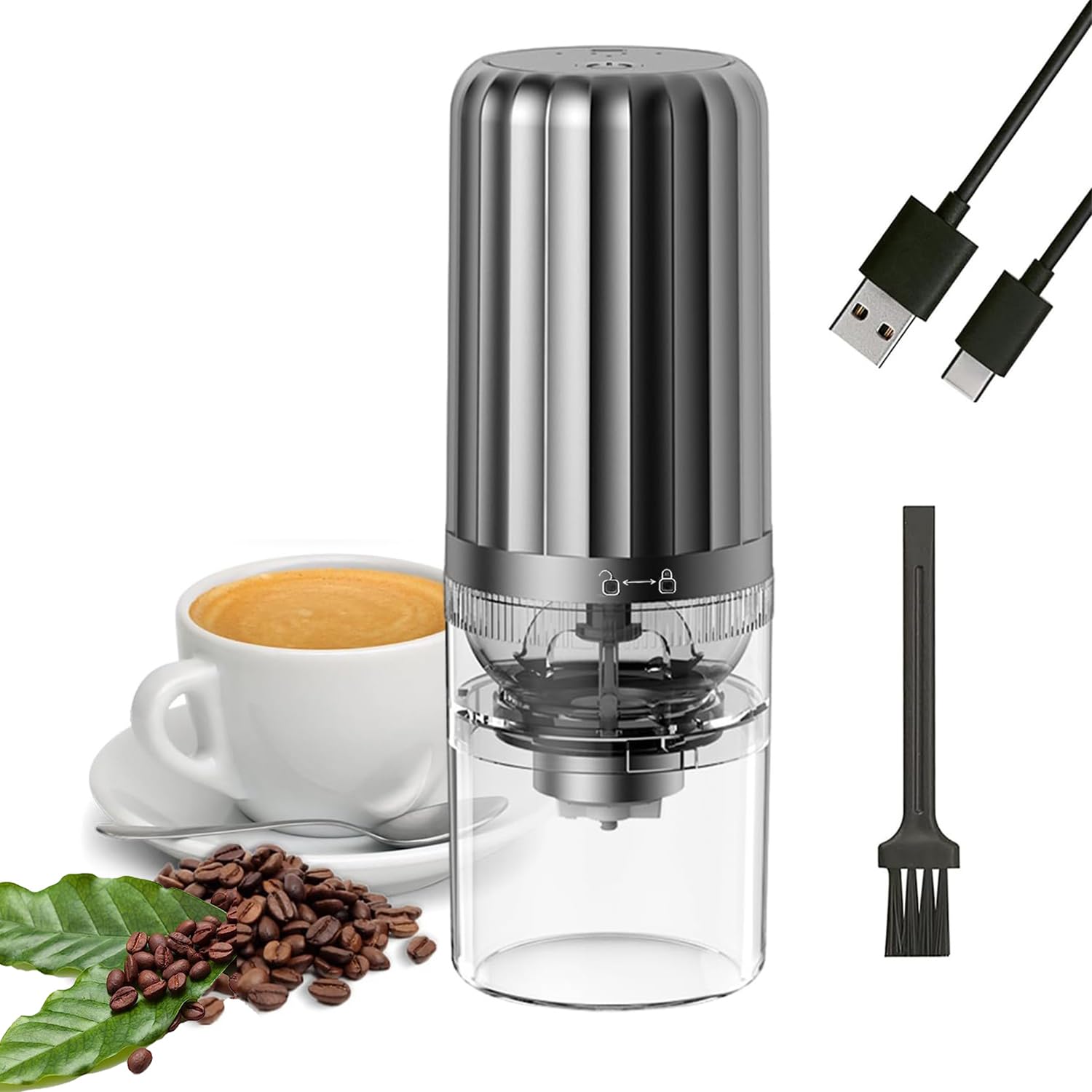 [Upgrade] Portable Electric Coffee Bean Grinder - USB Rechargeable Automatic Conical Burr Suitable for Travel/Office/Home/Coffee Shop (Grey)