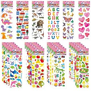 Jsdoin 50 Sheets Puffy Stickers for Kids, 1000+ Children 3D Stickers Party Bag Filler for Party Rewarding Gifts Scrapbooking Including Animals Letter Fish Dinosaurs Numbers Fruits Trucks Airplane