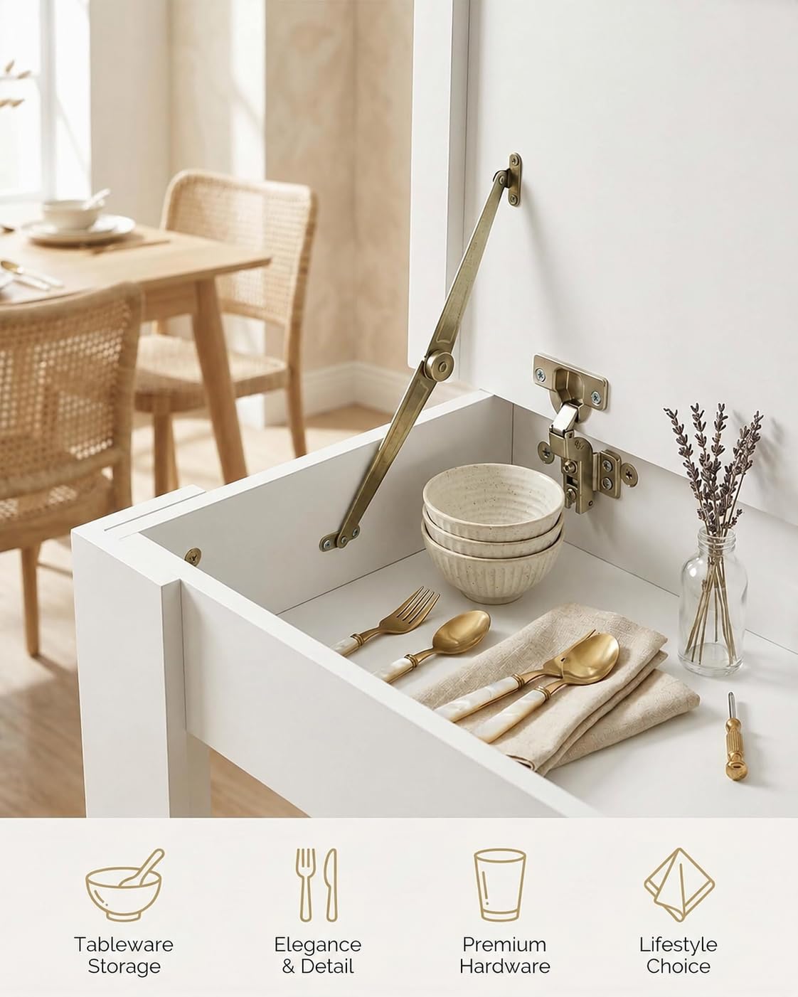 Tavolo da Pranzo Bianco Rettangolare Cucina Sala 120×70×75cm | Due piani laterali sollevabili nascondono vani per stoviglie e accessori, mentre la parte centrale fissa resta disponibile