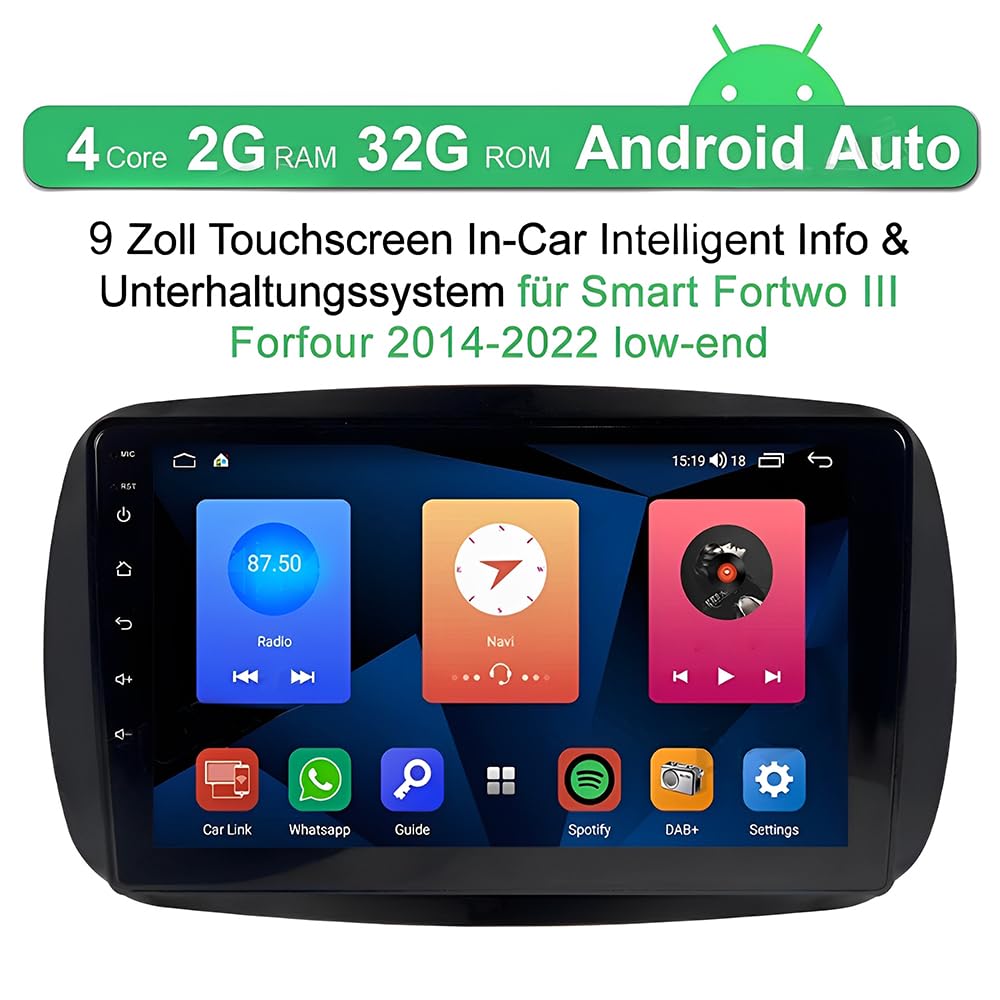 Autoradio Android da 9 pollici per Mercedes Smart Forfour Fortwo 453 2014-2022, schermo touch screen wireless, Radio Fortwo 453 Bluetooth Carplay Android Auto 2 DIN con telecamera di retromarcia