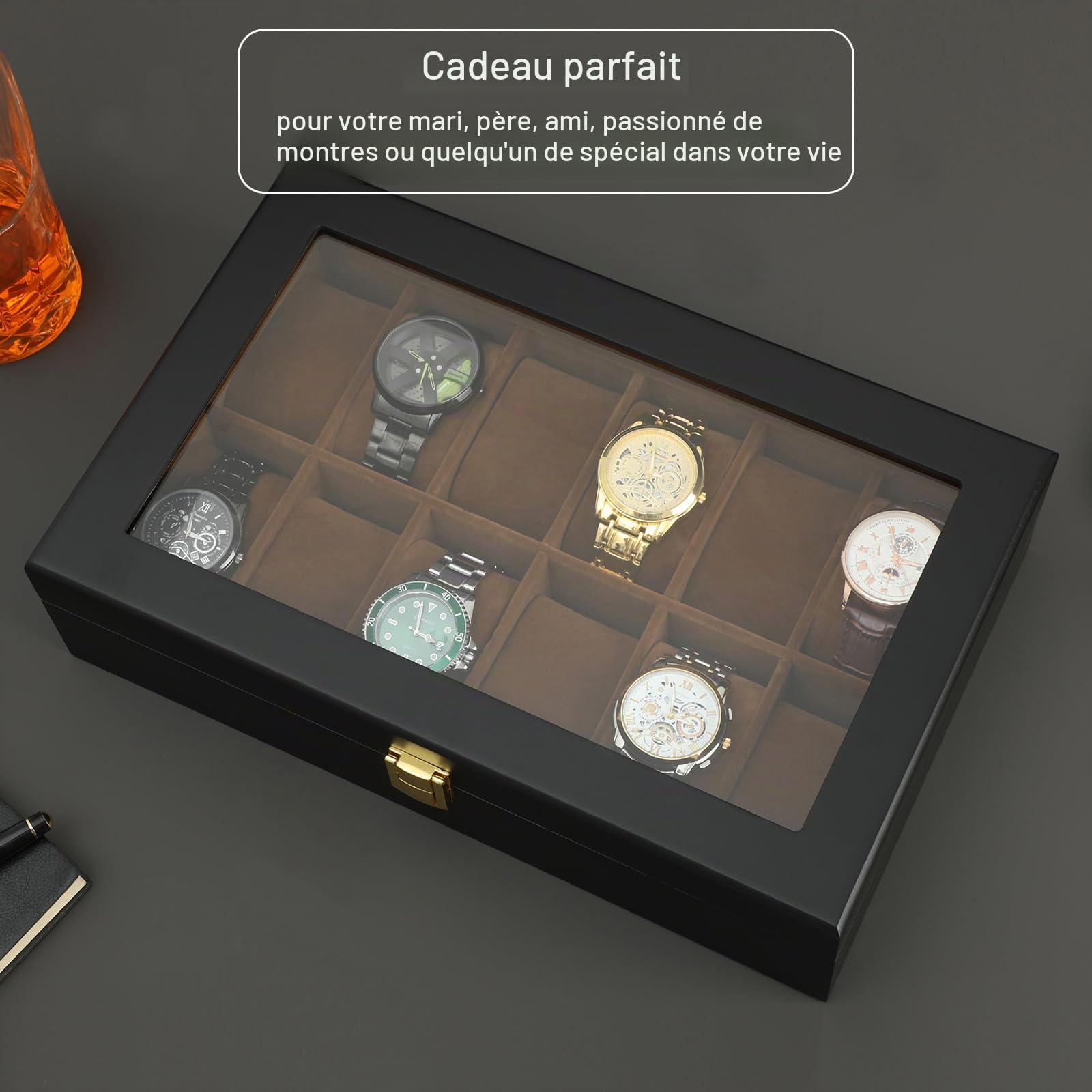 Boîte de montre,12 emplacements Boîte de rangement pour montres en bois Avec Real Glass top,Vitrine de rangement de bijoux Homme père mari garçon ami