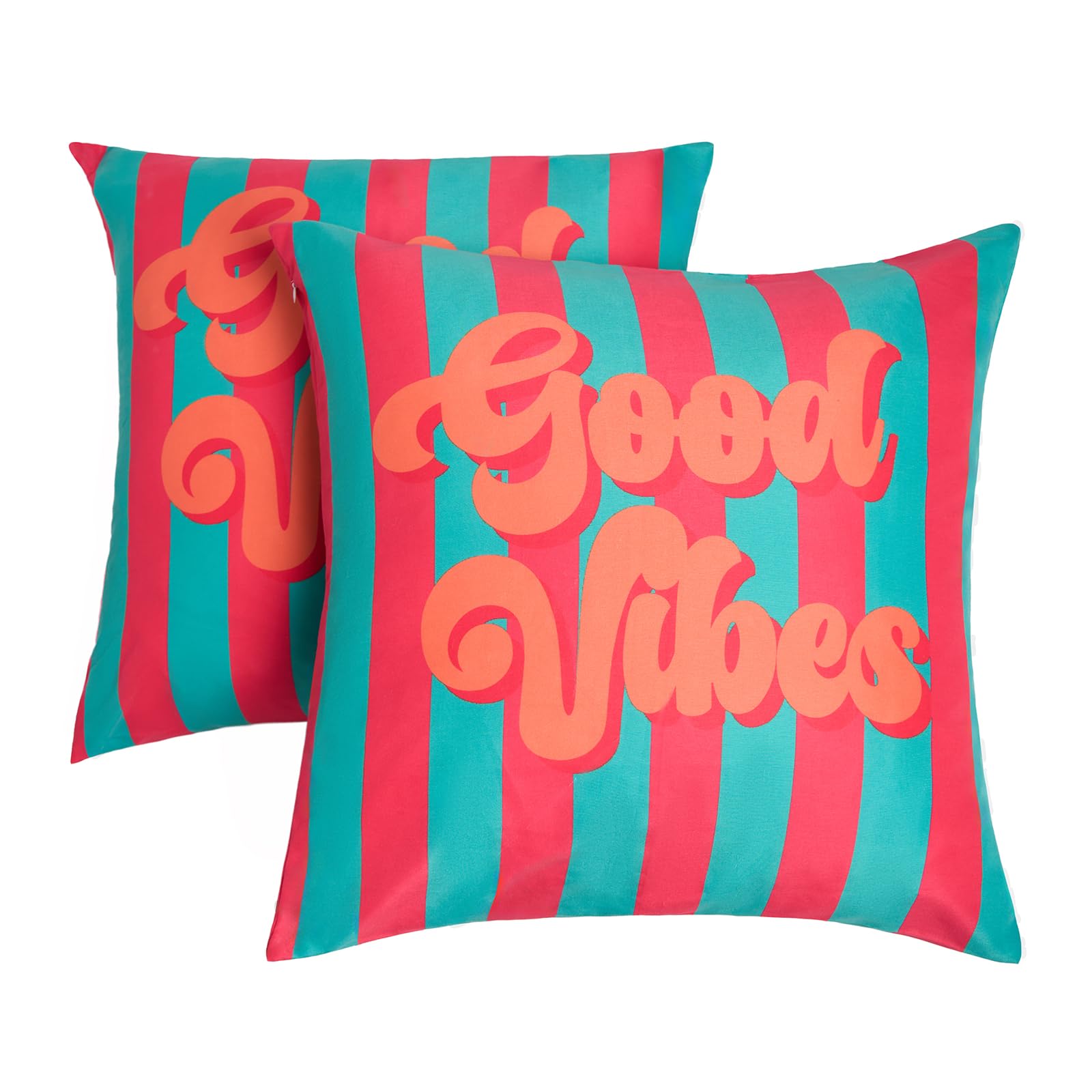 OHS Outdoor Cushions Waterproof Good Vibes Print Outdoor Cushion Covers 45 x 45 Set of 2 Super Soft Patio Garden Cushions Home Decor Throw Pillow Covers with Invisible Zipper, Green/Pink - 45 x 45cm โ image 1