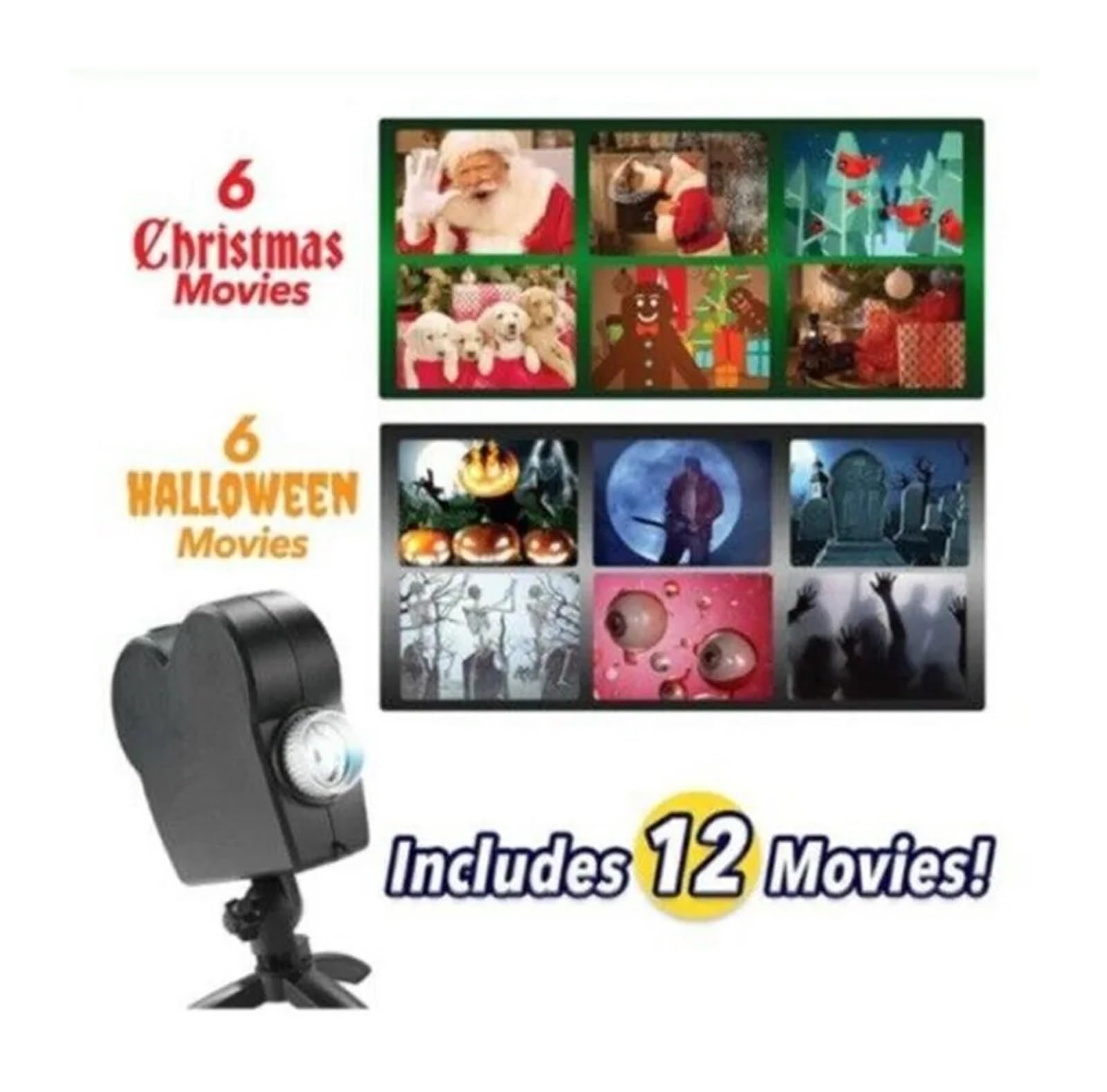 Lumière du projecteur Projecteur holographique de fête de noël d'halloween, nuits effrayantes, 12 films, Mini trépied de cinéma maison, projecteur LED d'intérieur et d'extérieur Décorations de Noël, l