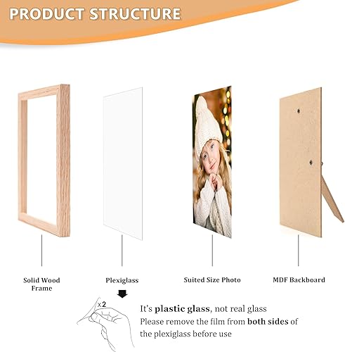 Miniatura 4 de ATOBART Marco de fotos de madera de roble de 4 x 6 pulgadas, con vidrio de plexiglás para pared vertical u horizontal, para fotos, pinturas,