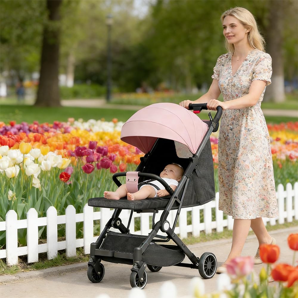 Buggy, wózek dziecięcy, wózek do leżenia, wózek sportowy, składany, siedzący i leżący, 4 koła PU, 5-punktowy pasek, waga 15 kg (różowy – A)
