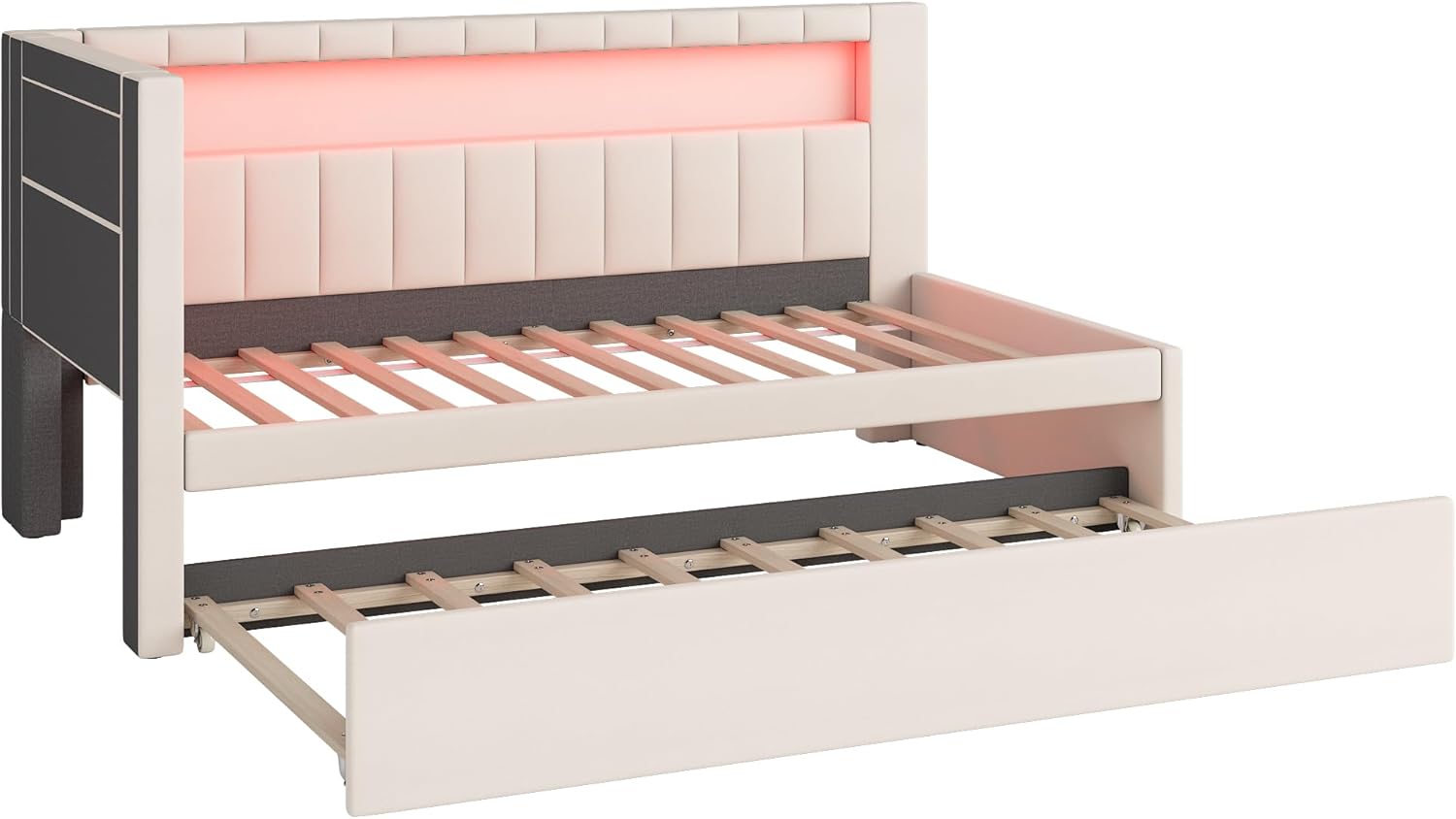 Twin Size Upholstered Daybed with Trundle and LED, USB-Ports, L-Shaped Corner Unit Sofa Day Bed Frame with Storage Bookshelf, Girls, Kids, Adults, Boys, White