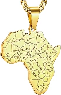 Africa Map Necklace for Men, Stainless Steel African Tribal/Egyptian Eye of Horus/I Love Africa/Africa Map Elephant Hip Hop Jewelry Unisex with Adjustable Chain