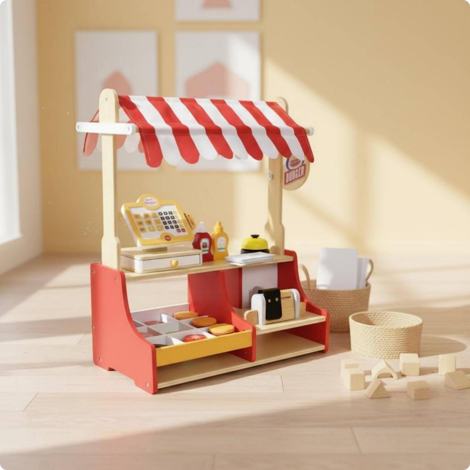 Cucina Giocattolo per Bambini Chiosco Hamburger Panini Registratore Cassa Monete Gioco Ripiani Legno Adatta per Gioco di Ruolo Ristorante Gioco Educativo Casa Aula Cameretta 52cm