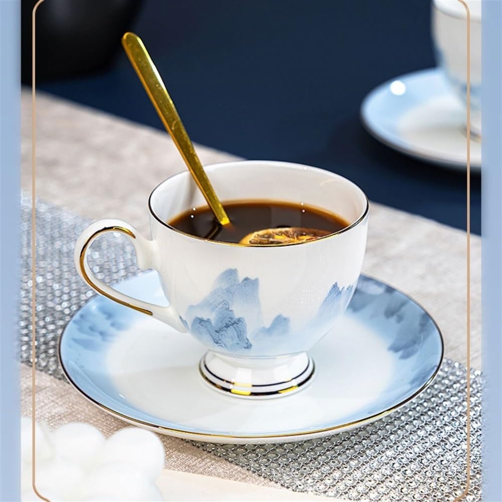 Hochwertiges Kaffeetassen- und Untertassen-Set, handgezeichneter Goldrand, hochwertiges Knochenporzellan, Teetassen, chinesische Tuschemalerei, Teeset, Kaffeetasse