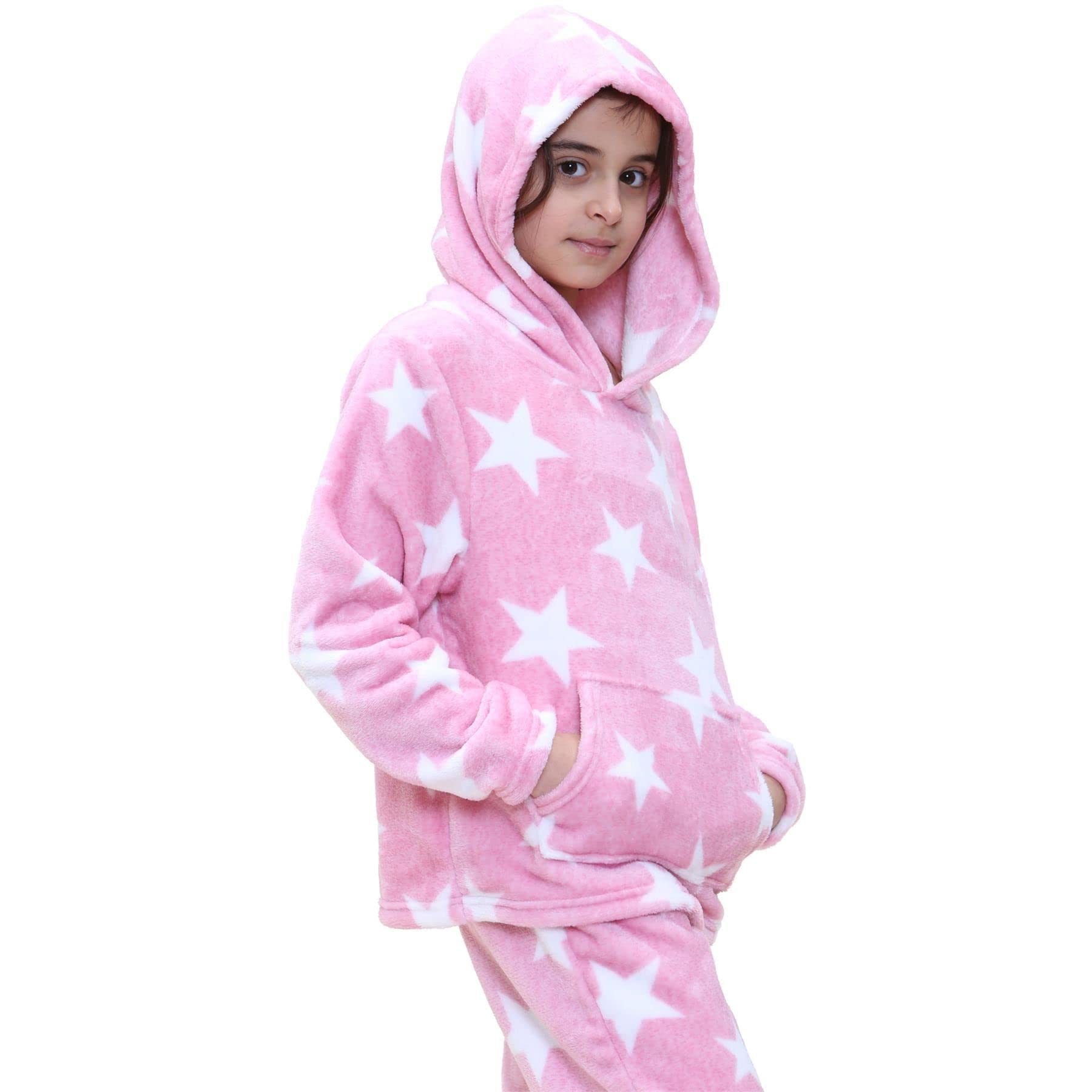 A2Z 4 Kids Girls Stars Fleece Pyjamas Extra Soft Loungewear Flanelowa polarowa bielizna nocna Kieszenie kangurkowe Kaptur Piżamy Zestawy Strojów Wiek 5-13 Lat