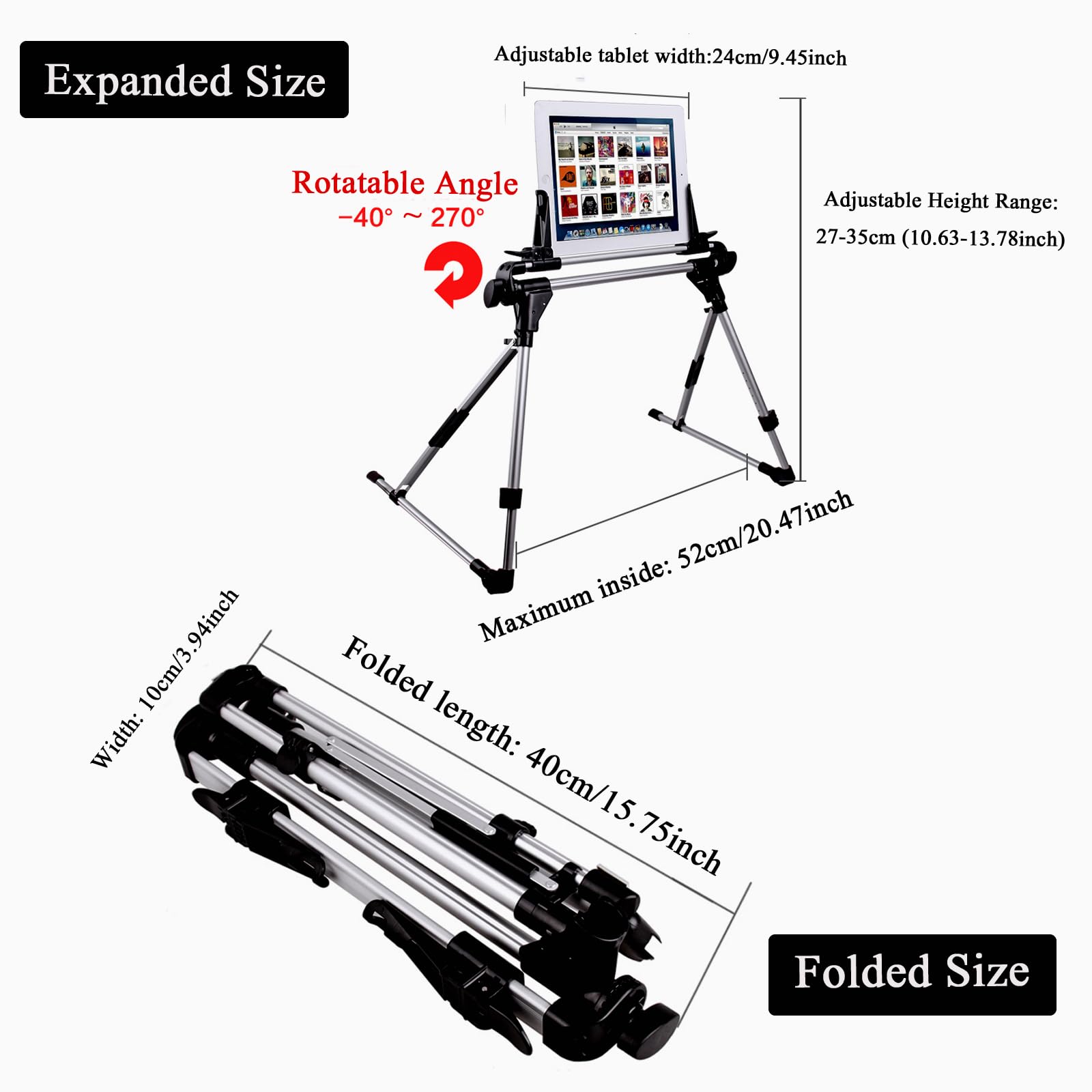 Soporte para tablet para cama, rotación de 270 grados, clip ajustable, soporte para iPad, escritorio, sofá, cama, compatible con todos los teléfonos y dispositivos de pantalla de 0 a 9.65