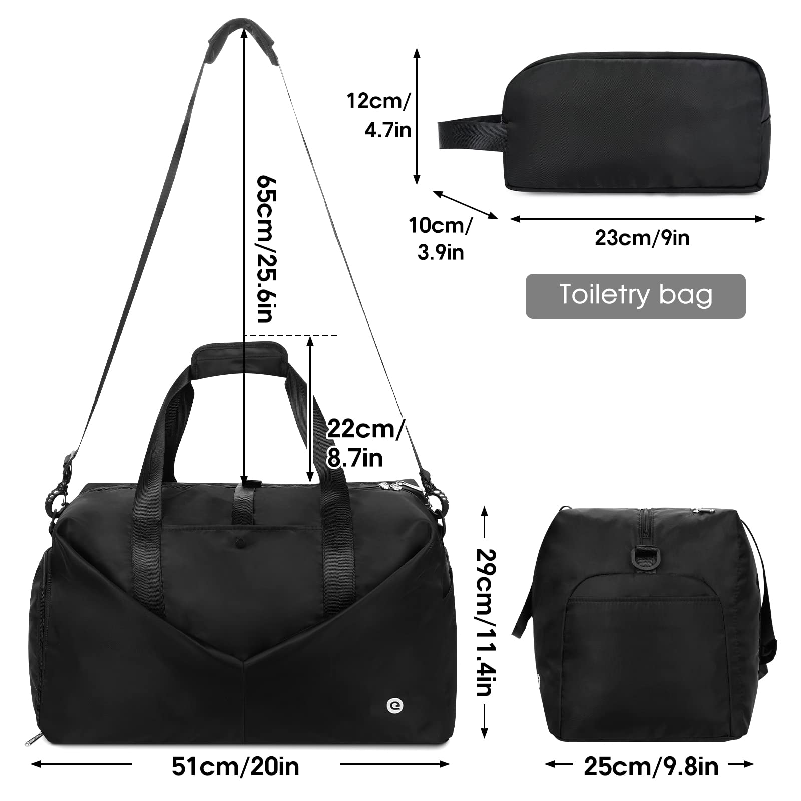 Ceneda Sporttasche mit Nassfach und Schuhfach, 50,8 cm, tragbar, Wochenendtasche, Reisetasche, Yogatasche für Damen, Schwarz , 30 L, Große Sporttasche mit Kulturbeutel