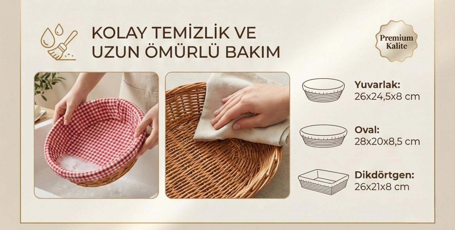 AmberHaus Doğal Rattan Kumaşlı Ekmeklik ve Sunum Sepeti - Kırmızı Kumaş Örtülü Rustik Kahvaltı ve Servis Düzenleyici (Yuvarlak)