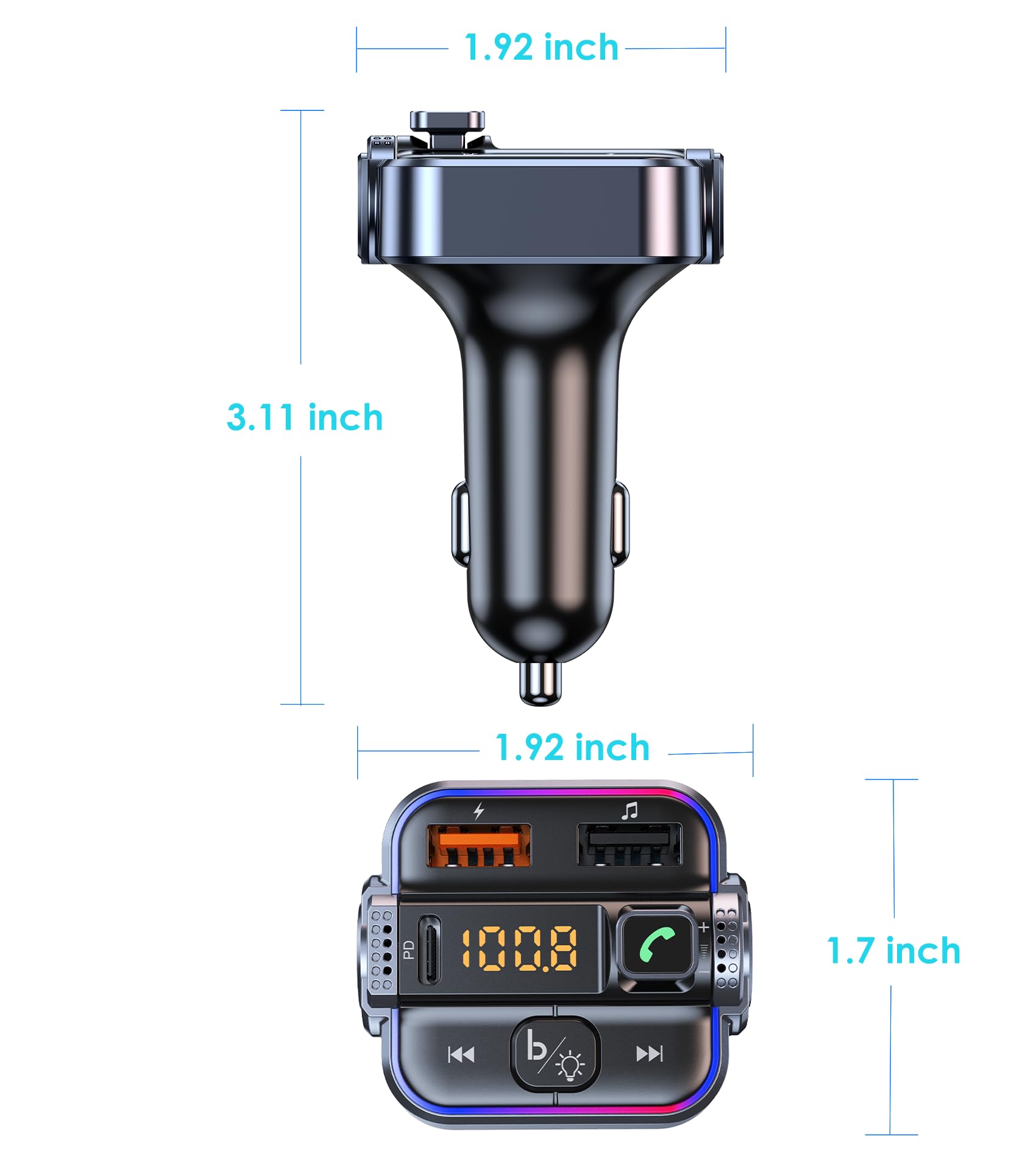Tsnam Transmisor FM Bluetooth 5.3 para coche, receptor de radio inalámbrico con manos libres y micrófono dual, cargador rápido PD de 30 W y QC3.0