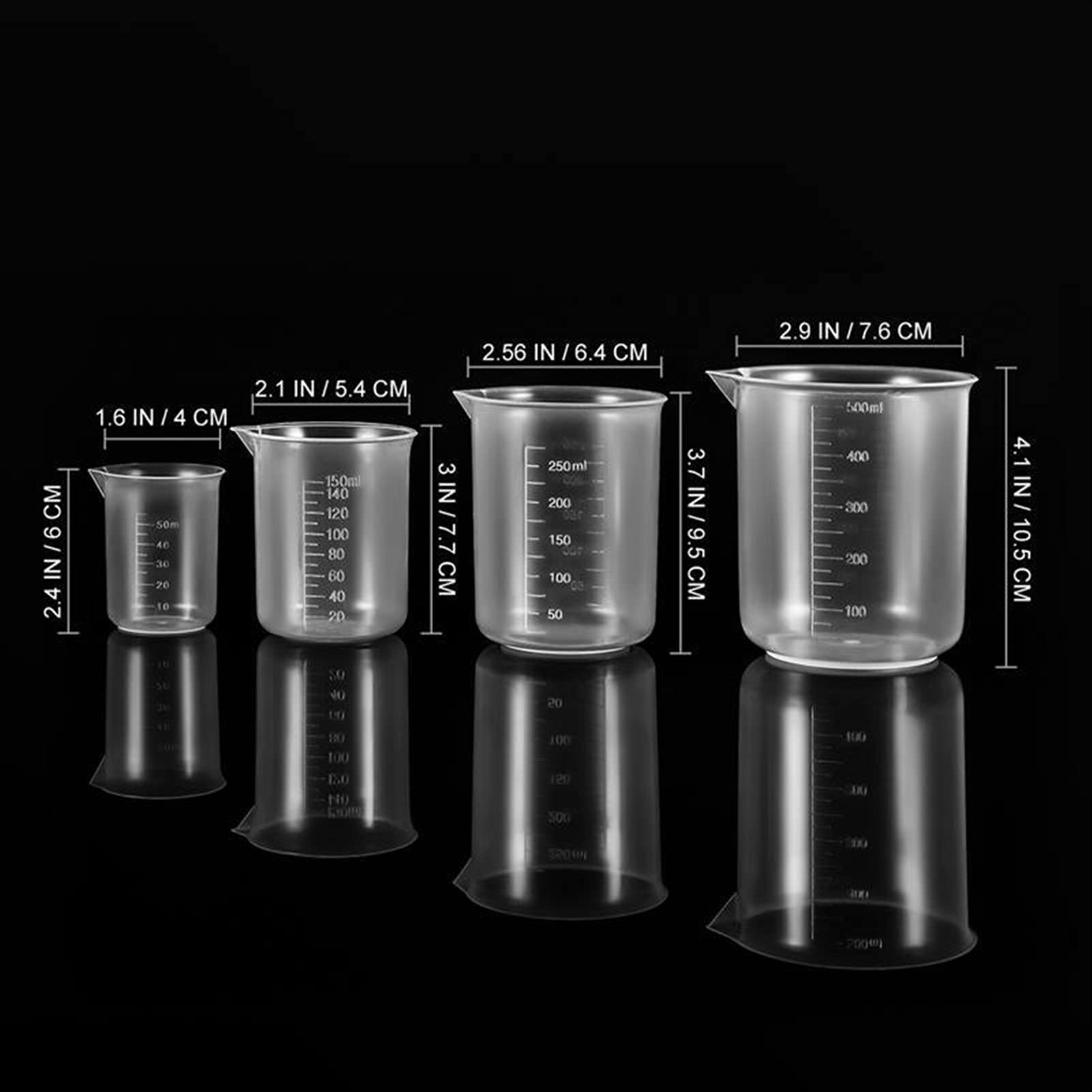 Bicchiere sperimentale 4 Pezzi Misurini 50ml / 150ml / 250ml / 500ml Bicchieri Graduati in plastica Materiale di Laboratorio (Trasparente) Laboratorio, Cottura al Forno